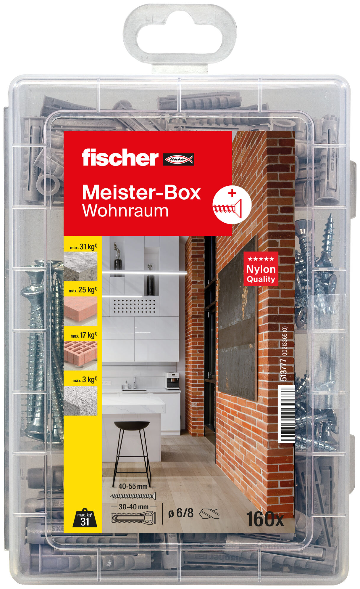 Verpackung: "fischer Meister-Box Wohnraum + Schrauben (160 Teile)"