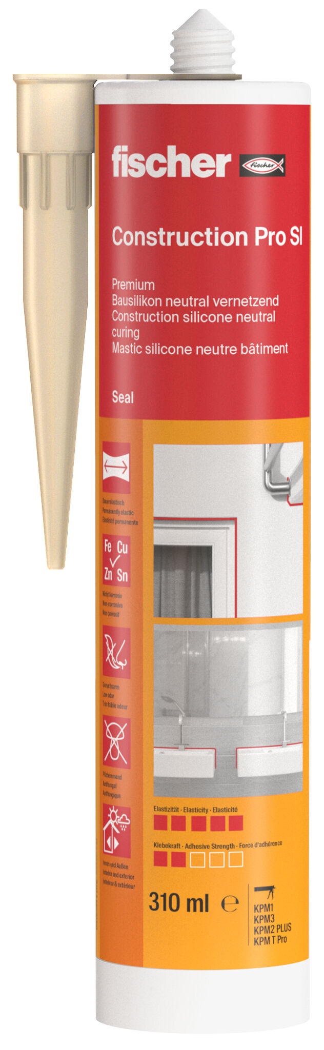Packaging: "fischer construction silicone Construction Pro SI (DBSA) beige 310 ml"
