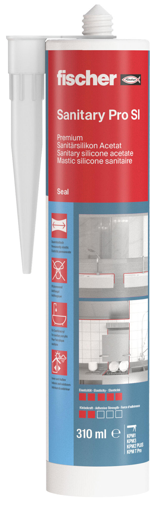 Packaging: "fischer sanitary silicone Sanitary Pro SI (DSSA) white 310 ml"