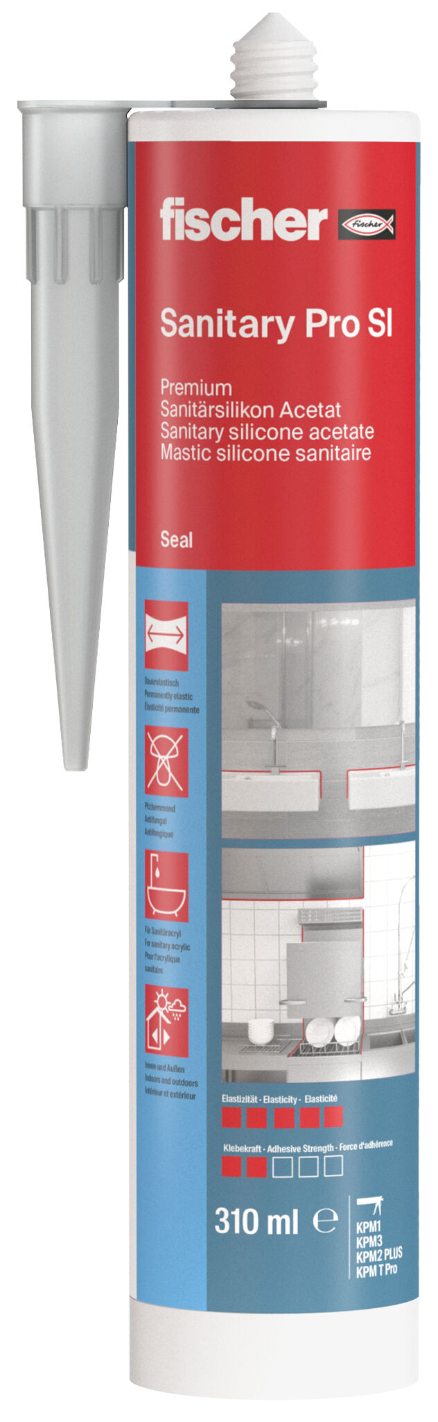 Packaging: "fischer sanitary silicone Sanitary Pro SI (DSSA) grey 310 ml"