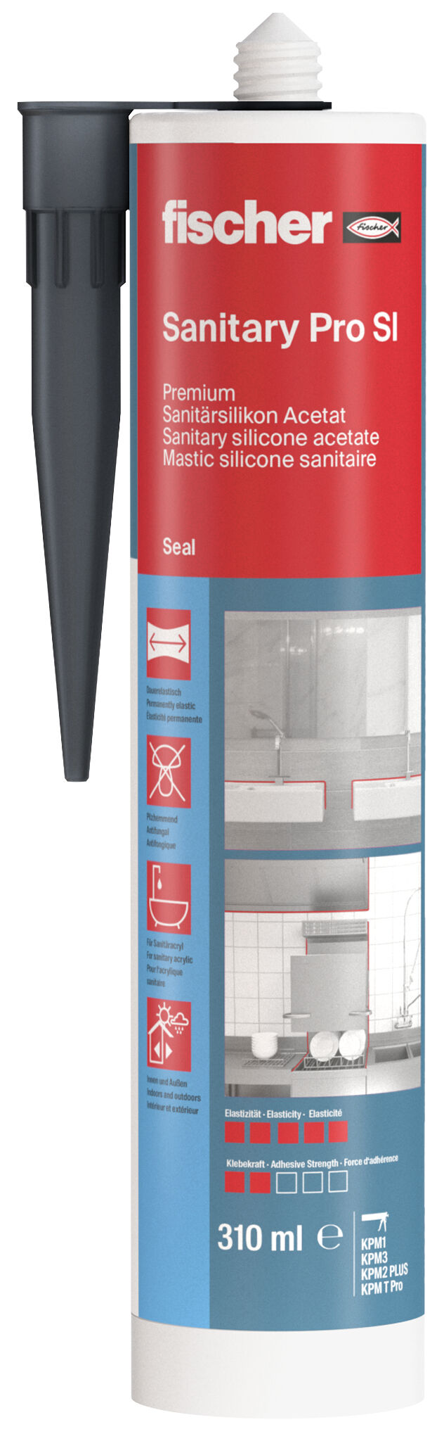 Packaging: "fischer sanitary silicone Sanitary Pro SI (DSSA) dark grey 310 ml"
