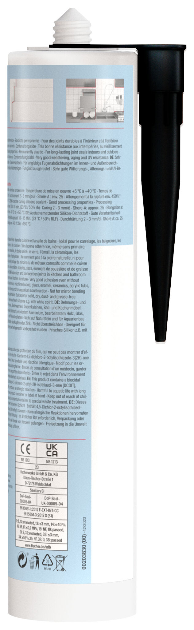 Verpackung: "fischer Sanitärsilikon Sanitary Pro SI (DSSA) schwarz 310 ml"