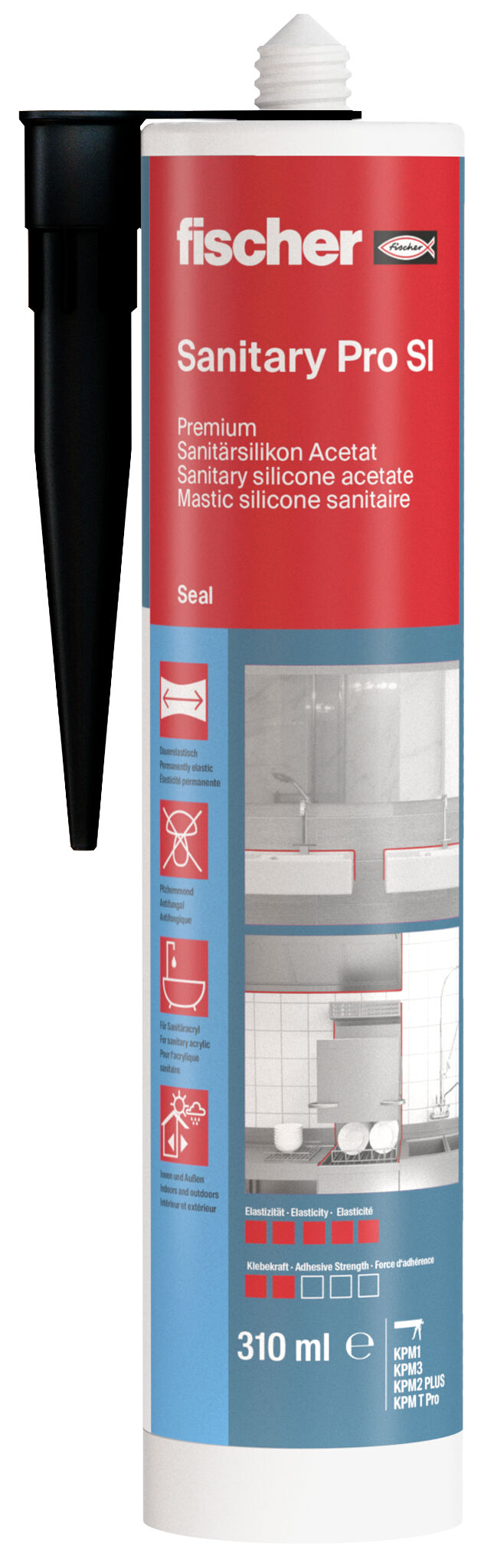 Verpackung: "fischer Sanitärsilikon Sanitary Pro SI (DSSA) schwarz 310 ml"