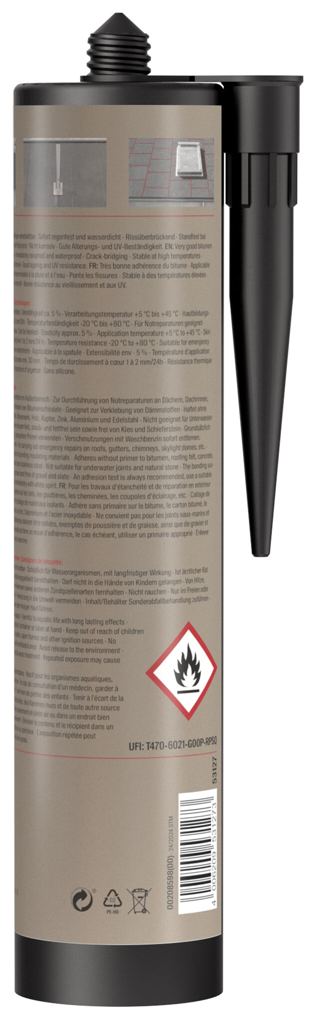 Packaging: "fischer Roof sealing compound Roof BI (DD) black 310 ml"