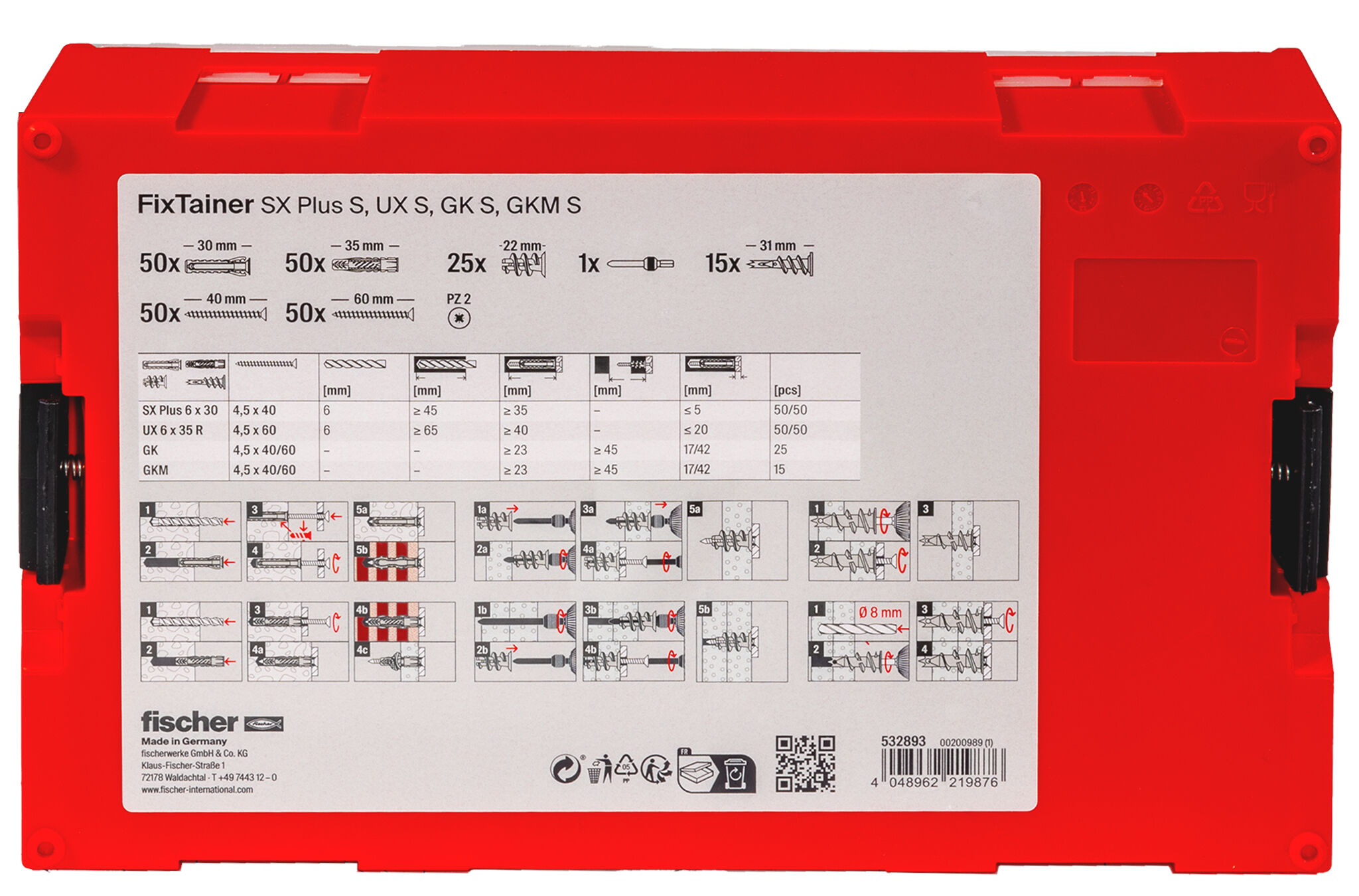 Packaging: "fischer FixTainer UX, SX Plus, GKM + screws"