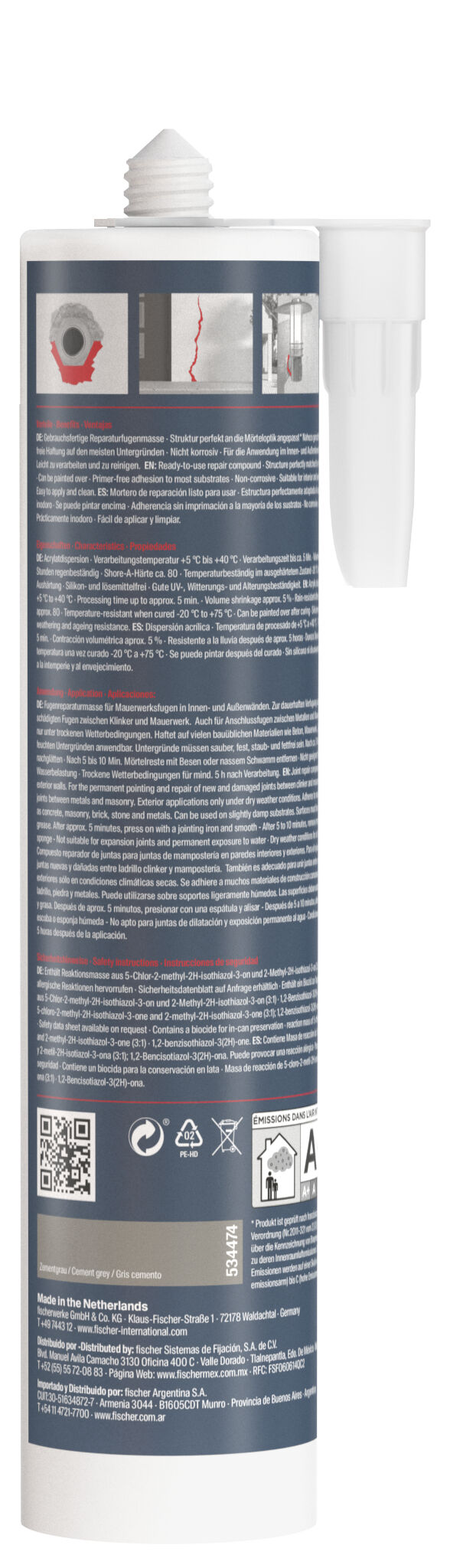 Verpackung: "fischer Fugenreparaturmörtel Repair AC zementgrau 310 ml"