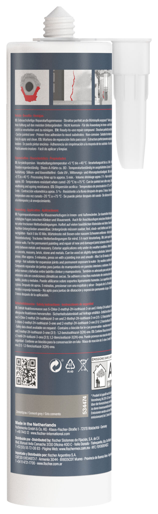 Packaging: "fischer joint repair mortar Repair AC cement grey 310 ml"