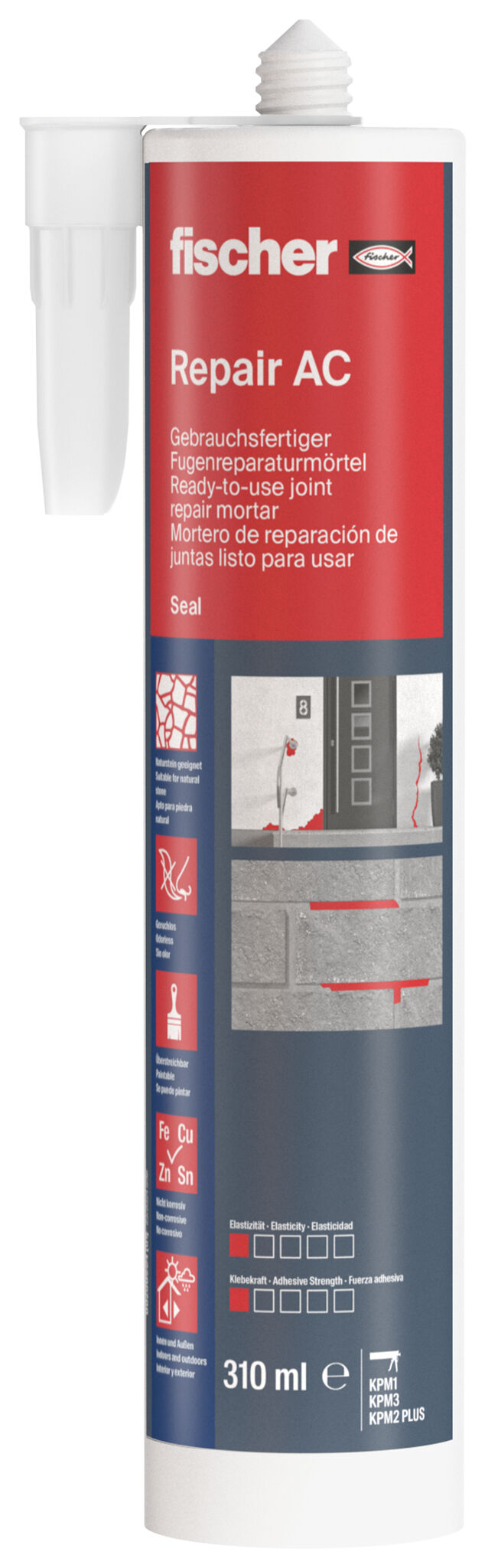 Packaging: "fischer joint repair mortar Repair AC cement grey 310 ml"