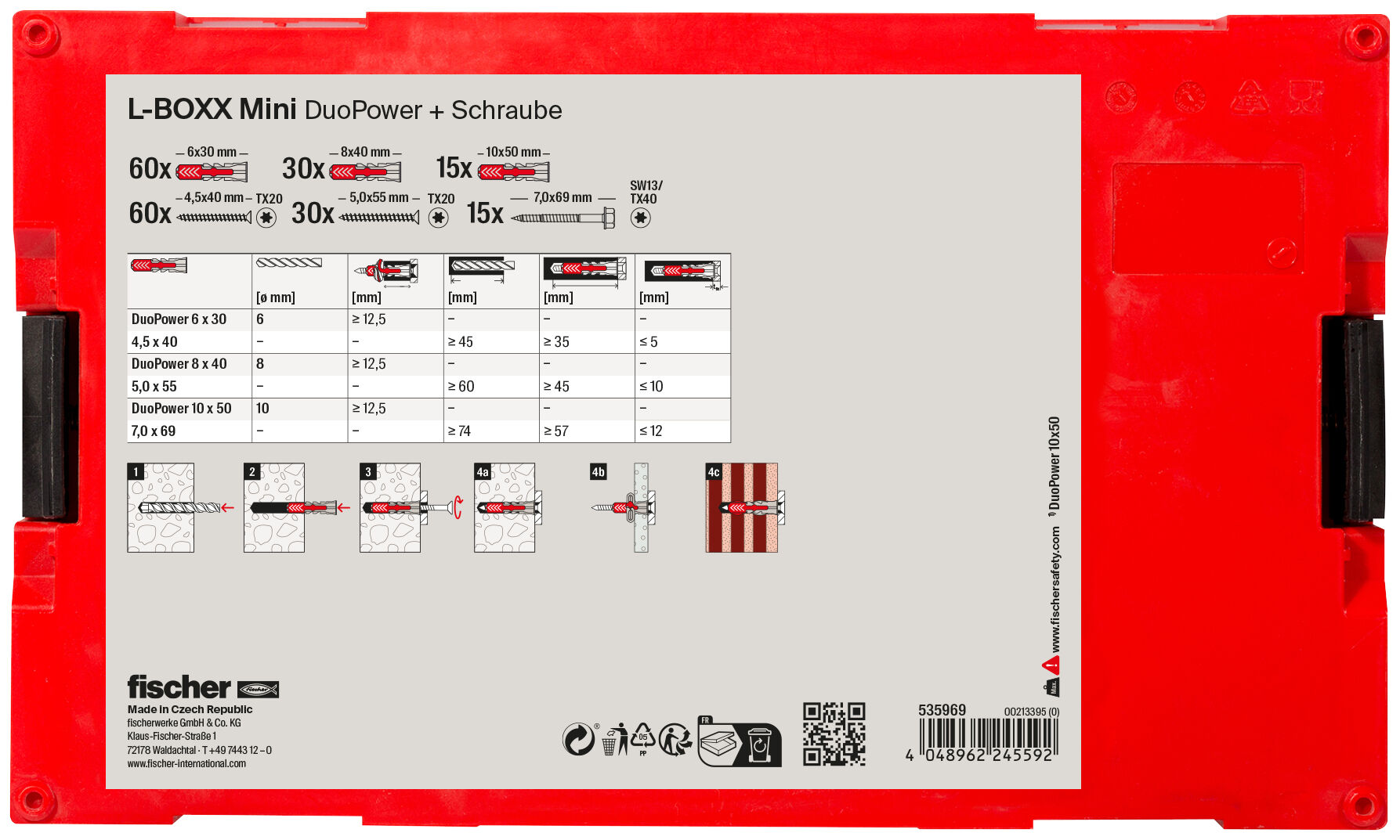 Verpackung: "fischer L-BOXX mini DuoPower + Schraube (210 Teile)"