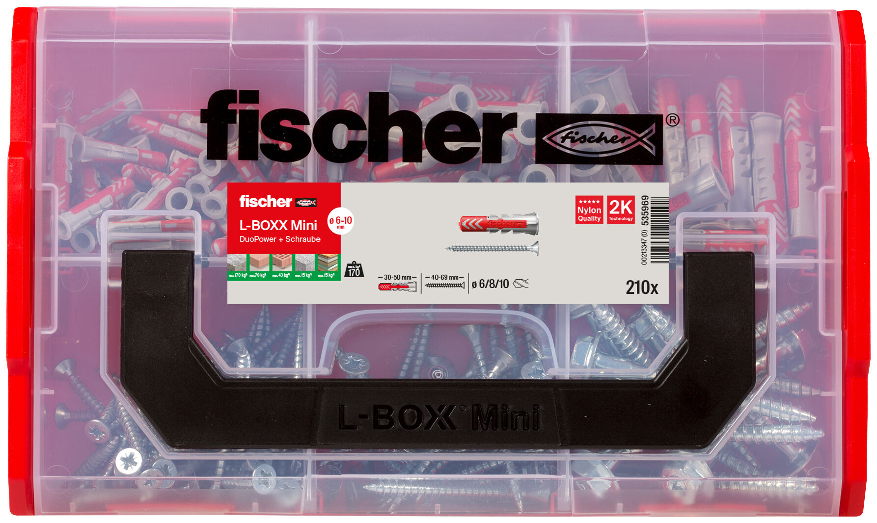 Verpackung: "fischer L-BOXX mini DuoPower + Schraube (210 Teile)"