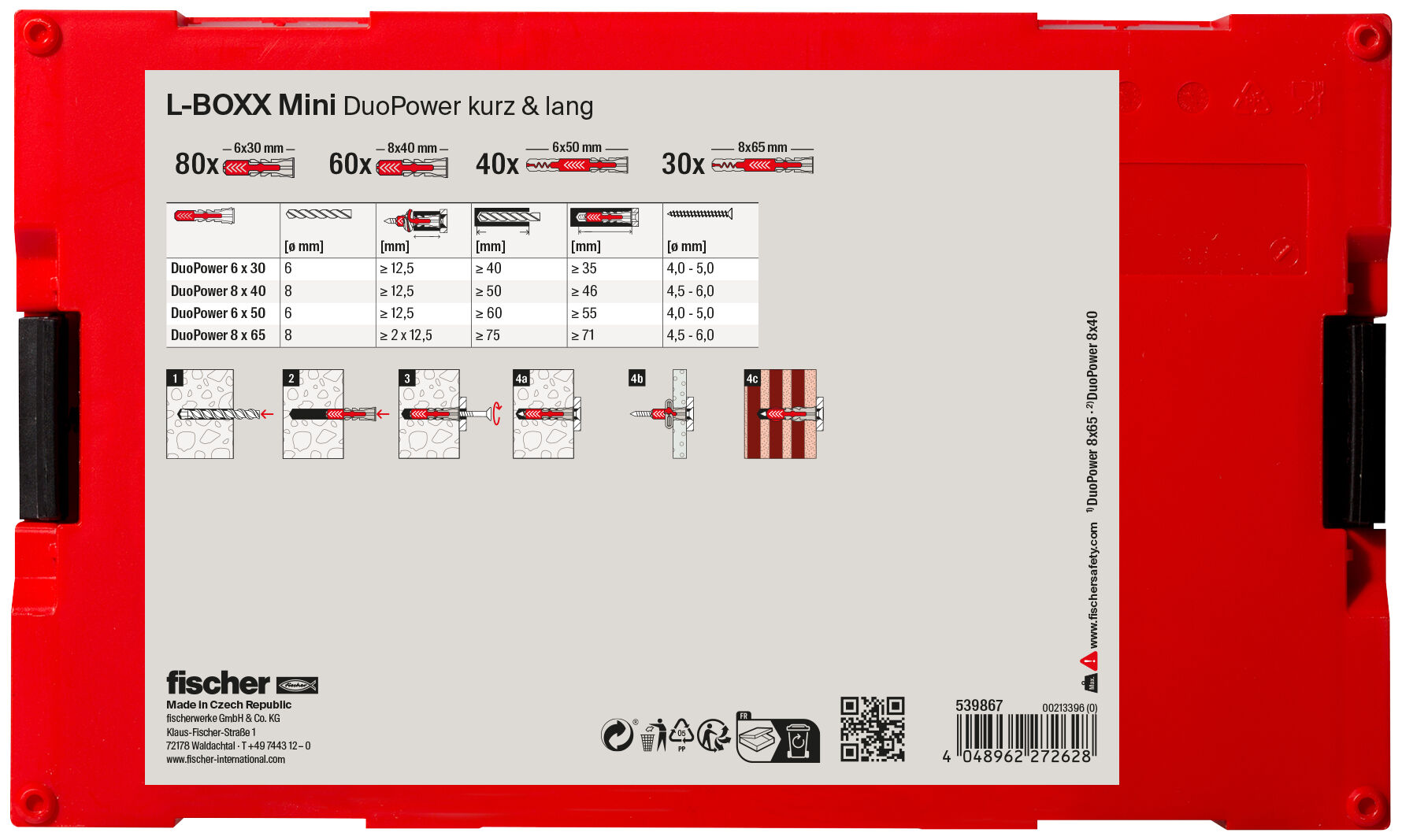 Verpackung: "fischer L-BOXX mini DuoPower kurz & lang (210 Teile)"