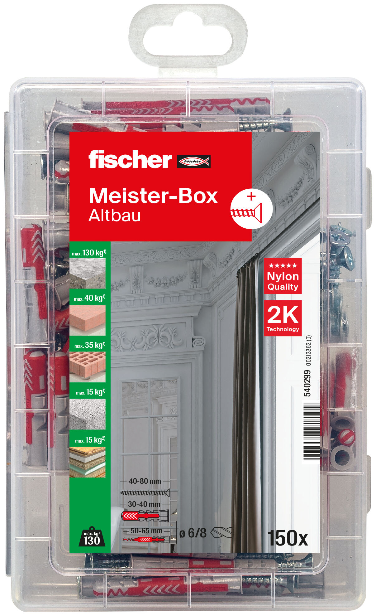 Verpackung: "fischer Meister-Box Altbau + Schrauben (150 Teile)"