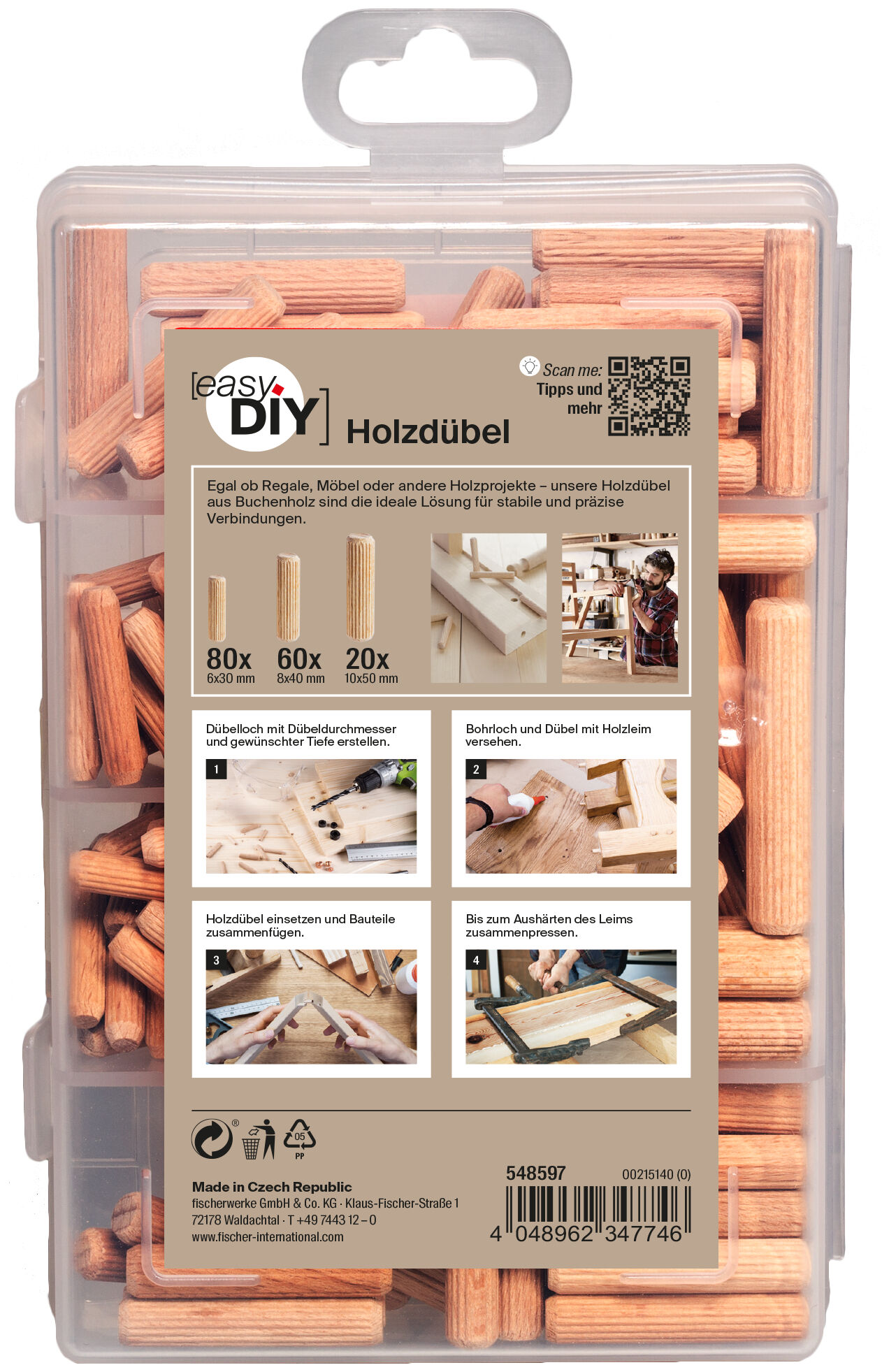 Verpackung: "fischer EasyDIY Box Holzdübel (160 Teile)"