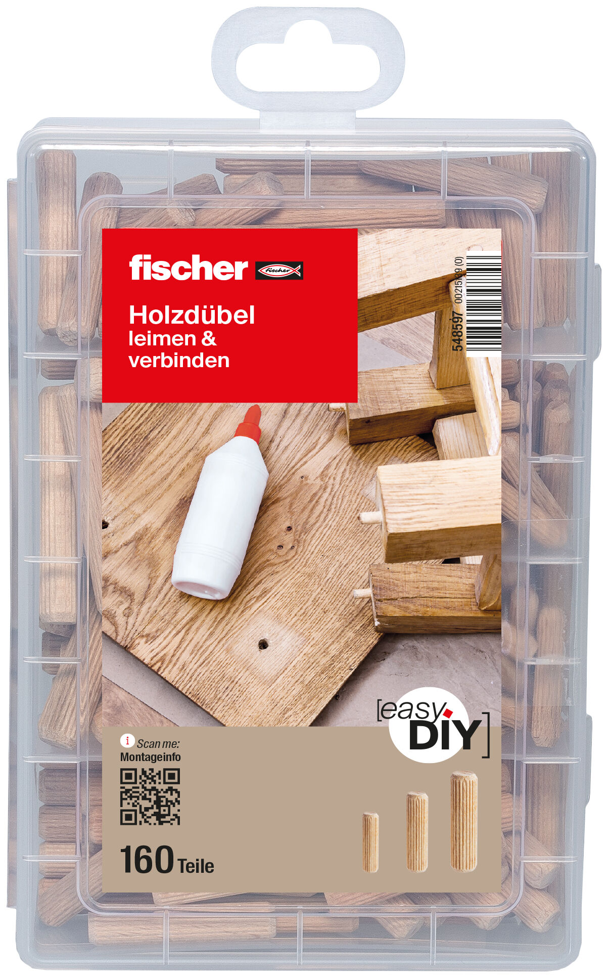 Verpackung: "fischer EasyDIY Box Holzdübel (160 Teile)"