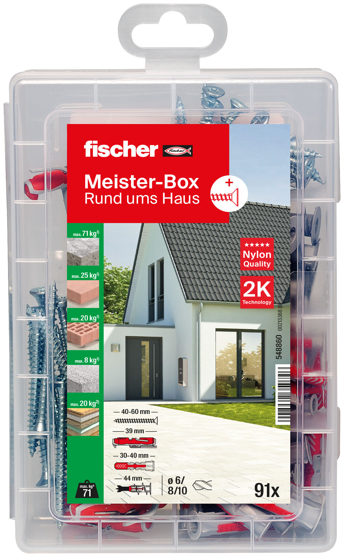 Verpackung: "fischer Meister-Box Rund ums Haus + Schrauben (91 Teile)"
