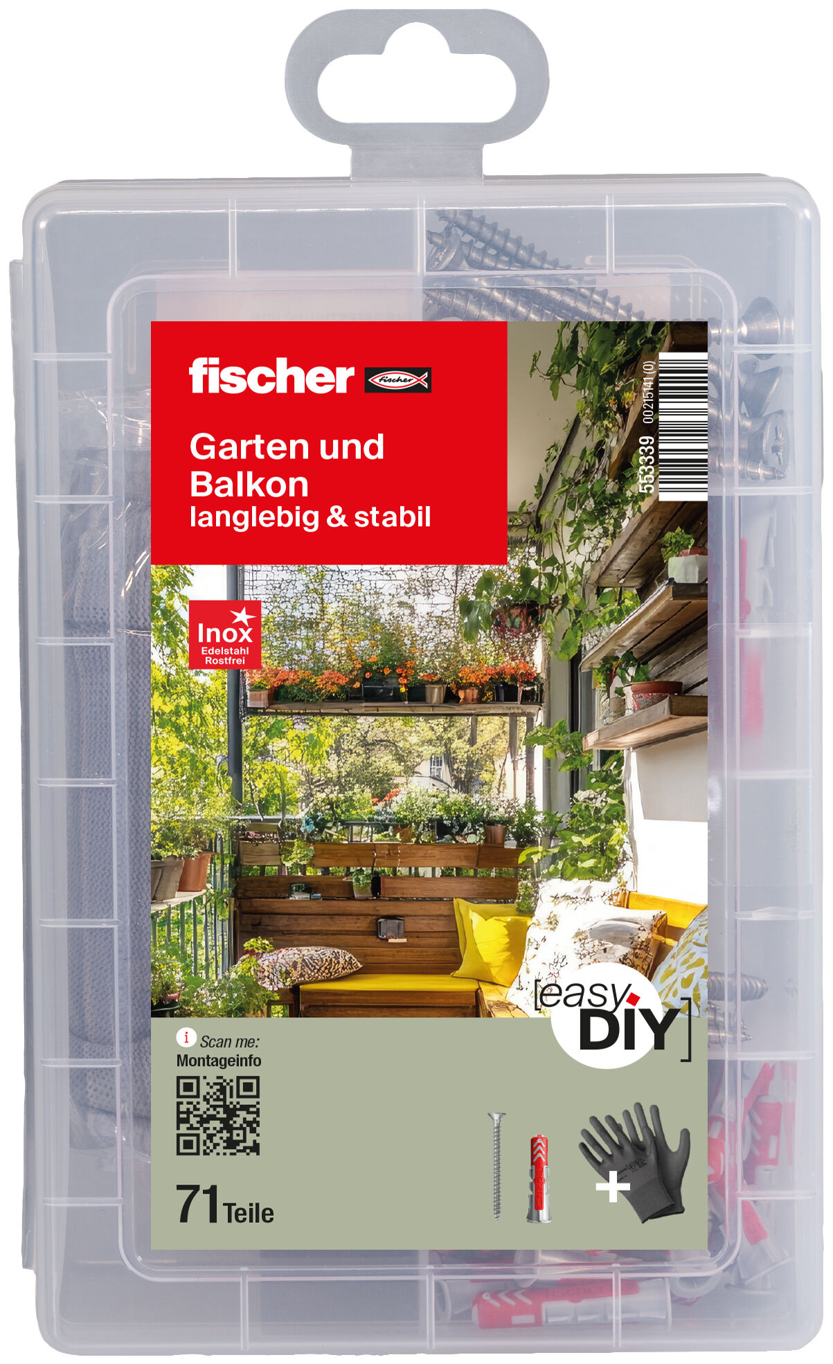 Verpackung: "fischer EasyDIY Box Garten und Balkon (71 Teile)"