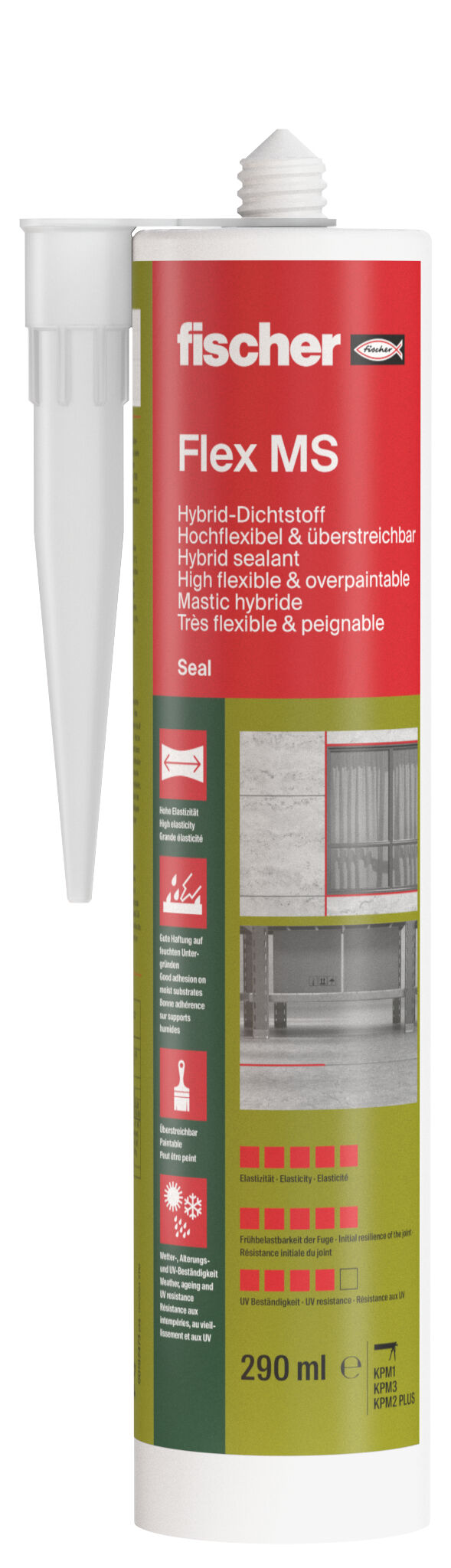 Verpackung: "fischer Hybrid-Dichtstoff Hochflexibel & überstreichbar Flex MS weiß 290 ml"