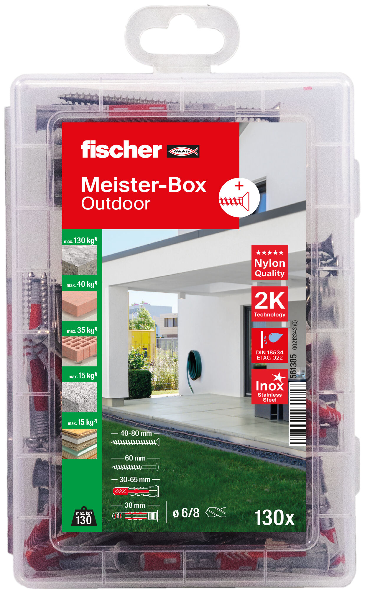 Verpackung: "fischer Meister-Box Outdoor + Schraube (130 Teile)"