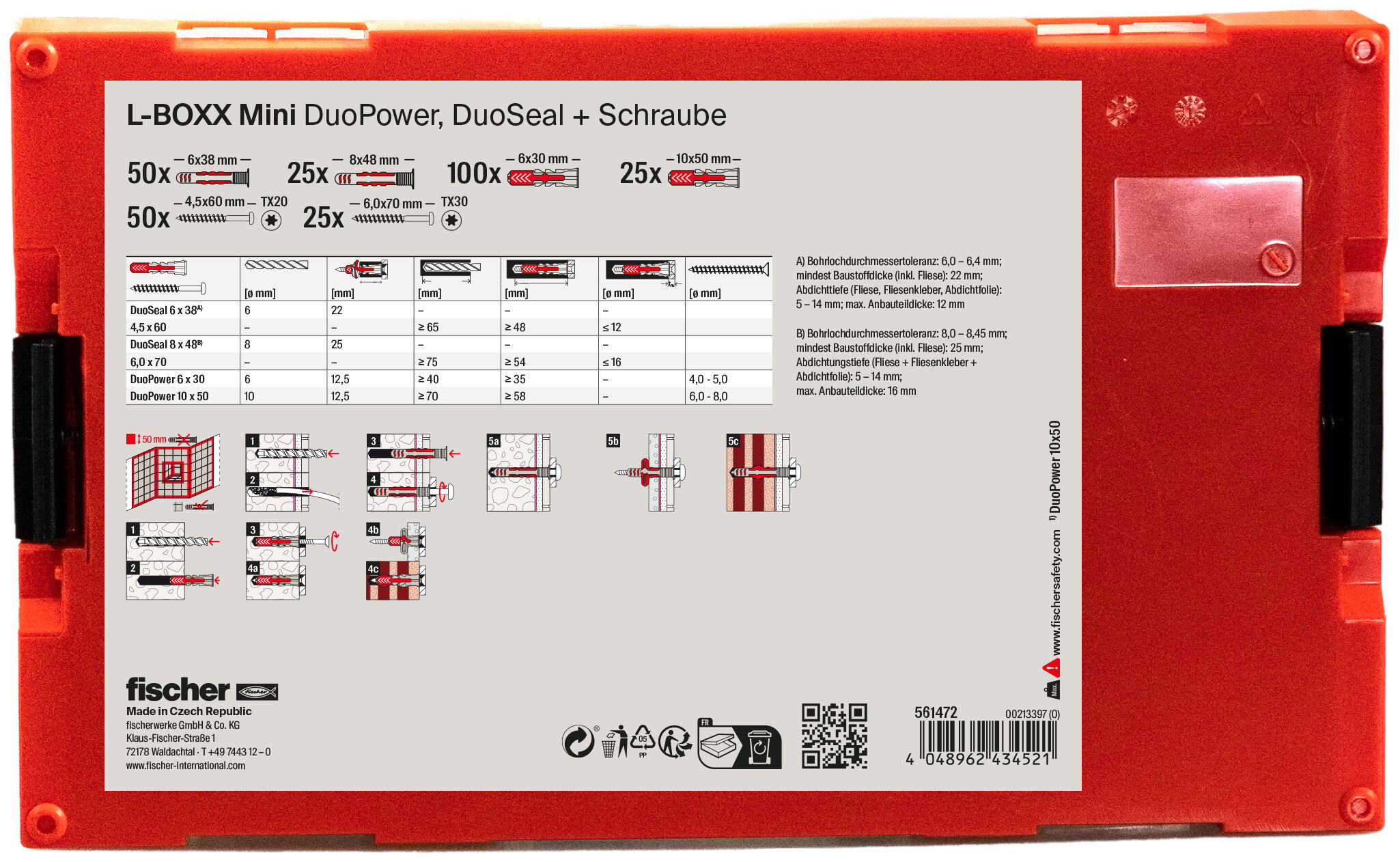 Verpackung: "fischer L-BOXX mini DuoPower und DuoSeal + Schraube (275 Teile)"