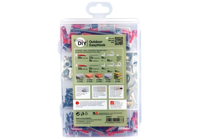 Verpackung: "fischer EasyDIY Box Outdoor EasyHook (144 Teile)"