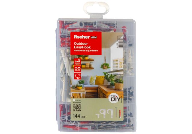 Verpackung: "fischer EasyDIY Box Outdoor EasyHook (144 Teile)"