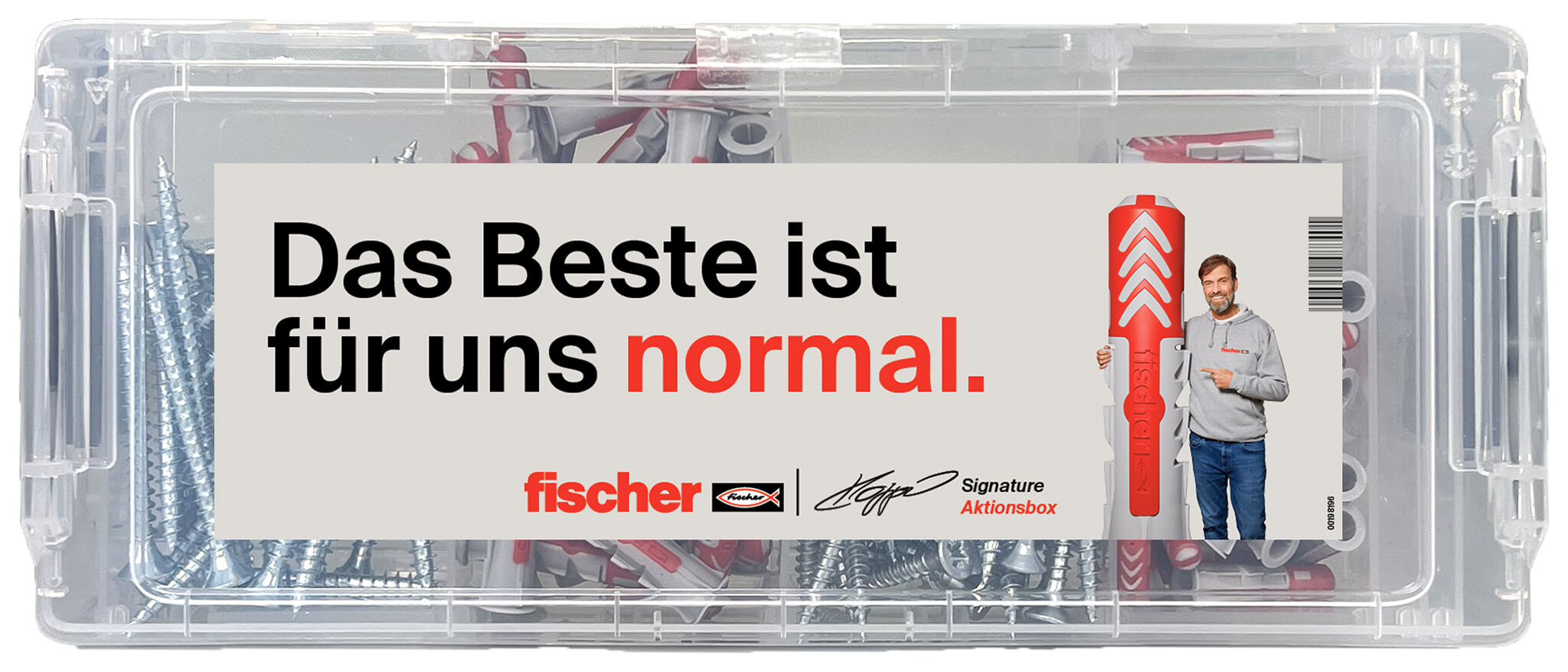Verpackung: "fischer „Klopp Signature“ Aktionsbox. Das Beste ist für uns normal."