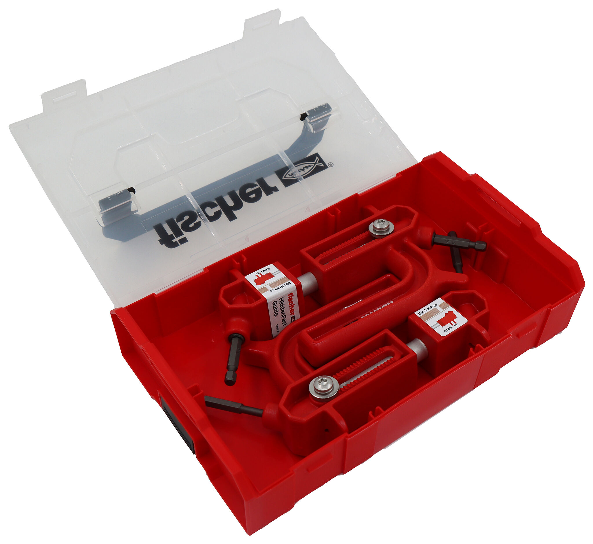 Product Picture: "fischer FixTainer med HiddenFast Guide til HiddenFast ZT terrasseskruer. Til minimum mellemrum mellem terrassebrædder på 5 mm."