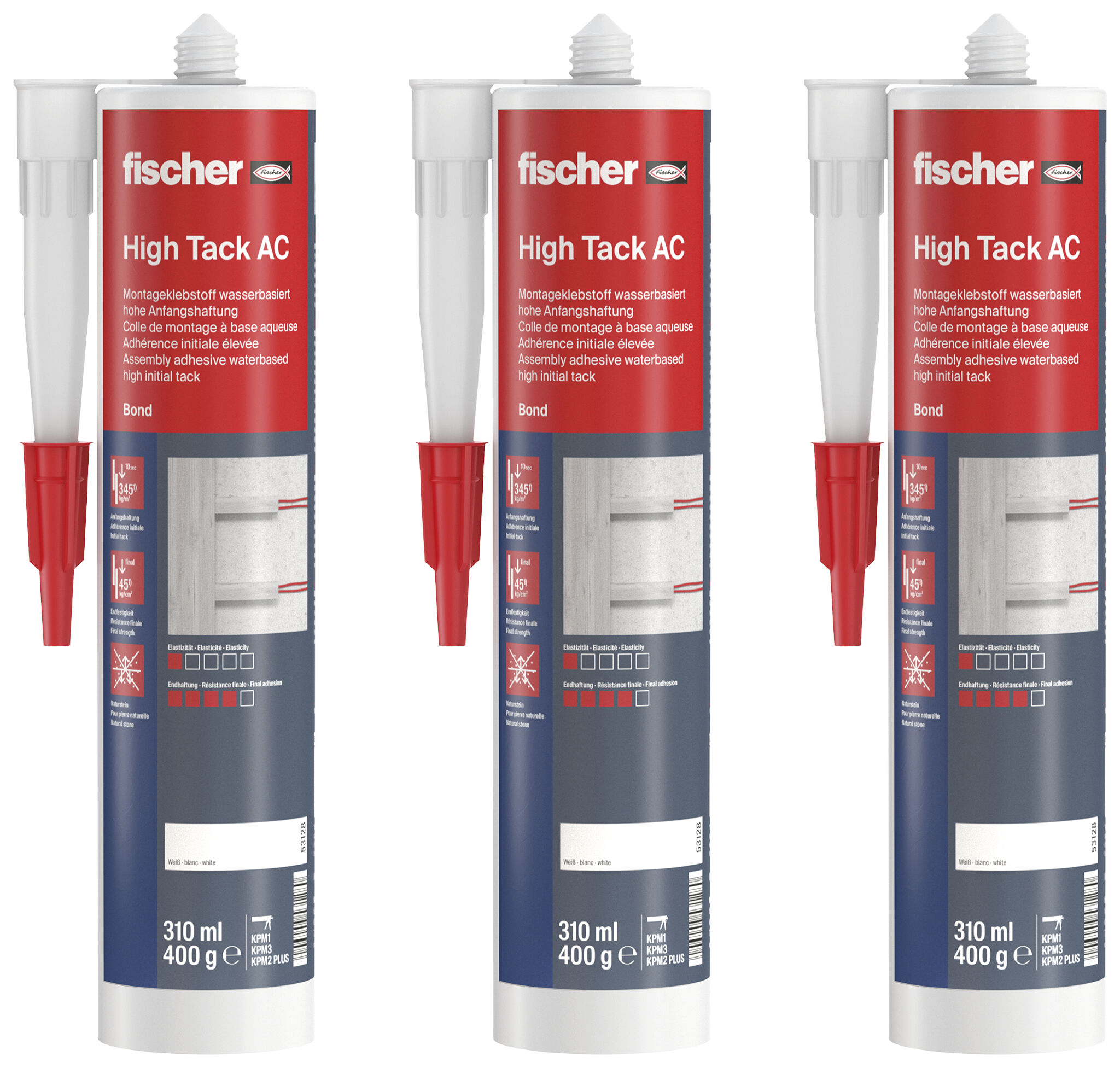 Verpackung: "fischer Montageklebstoff High Tack AC weiß 310 ml, Dreierset"