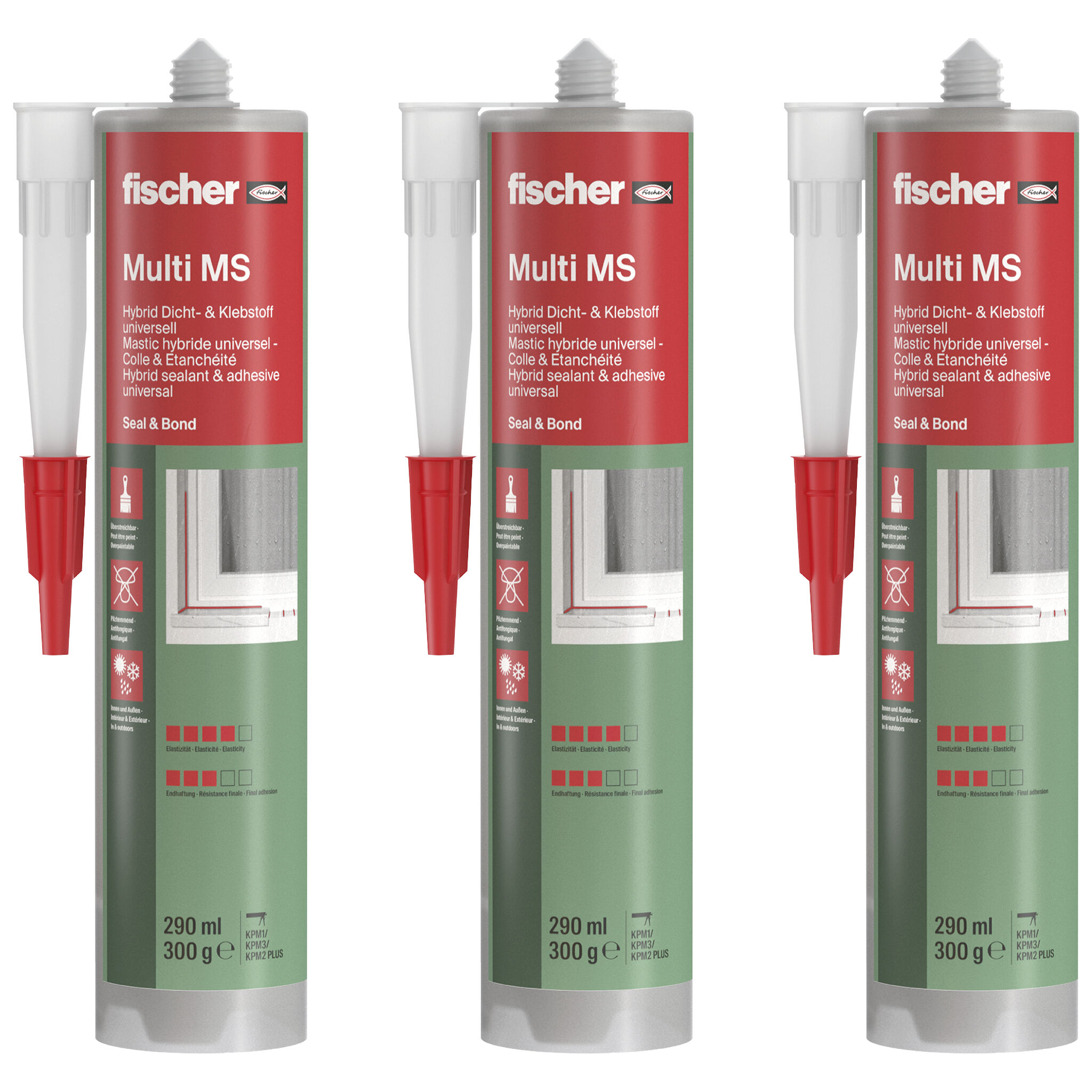 Verpackung: "fischer Dicht- und Bauklebstoff Multi MS weiß 290 ml, Dreierset"
