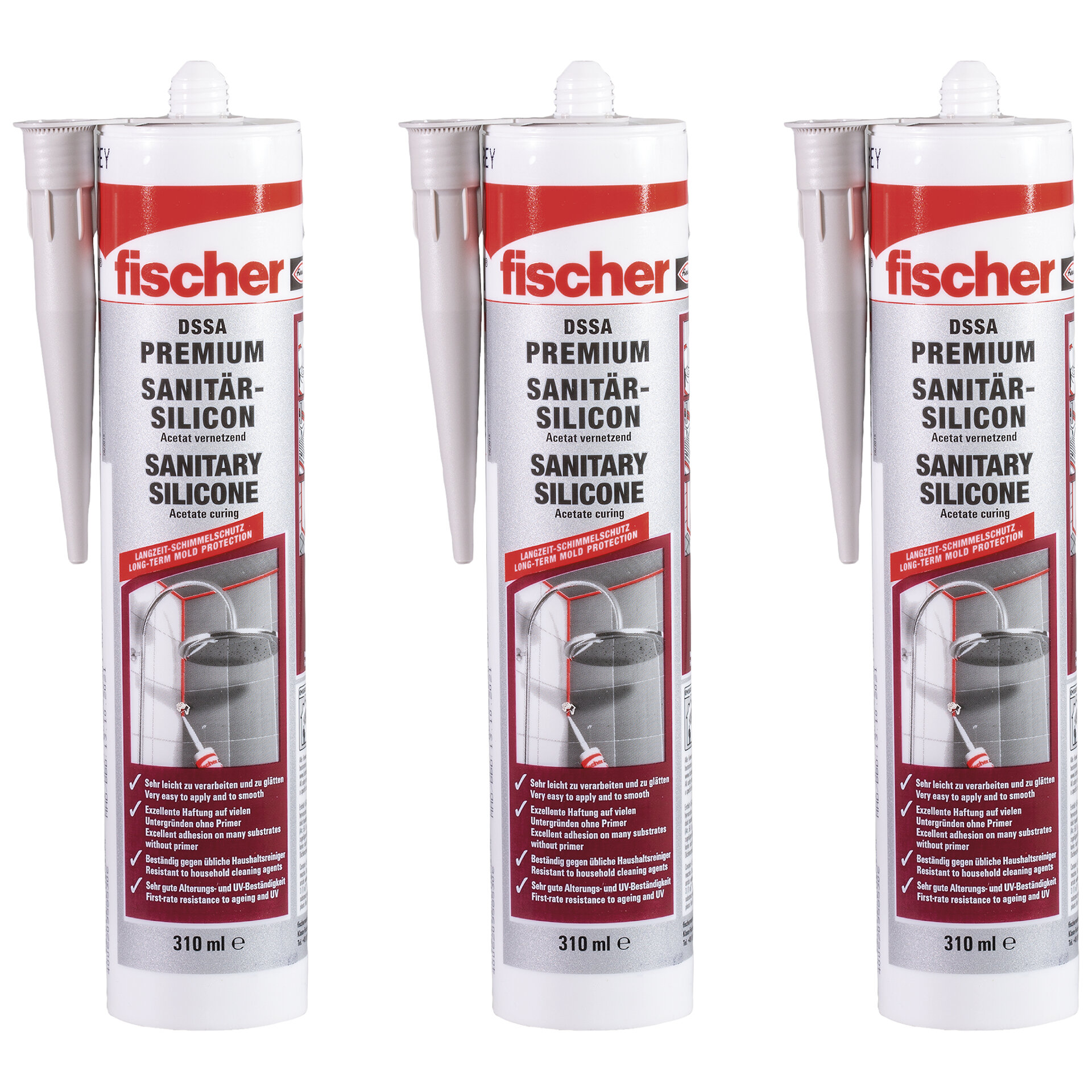 Verpackung: "fischer Sanitärsilikon DSSA 310 ml, Dreierset"