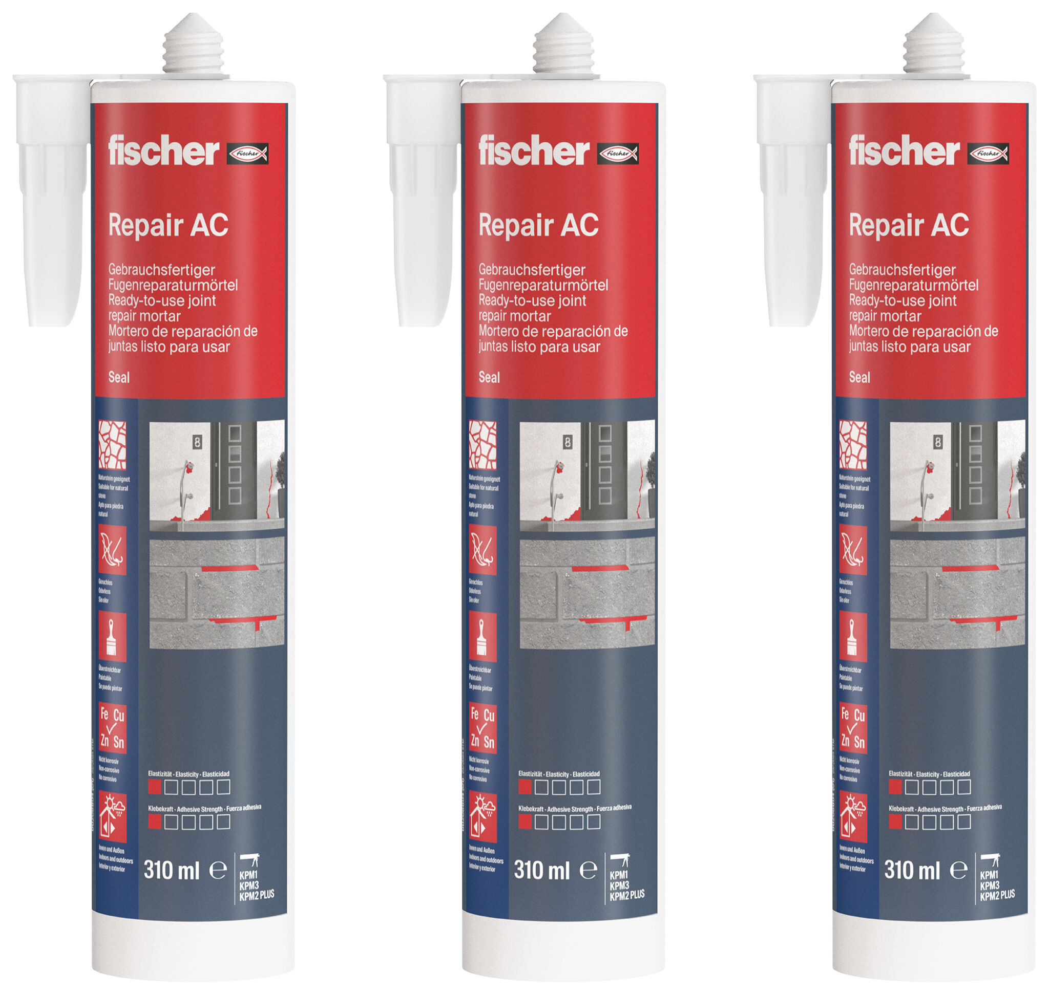 Verpackung: "fischer Fugenreparaturmörtel Repair AC (DEC) zementgrau 310 ml, Dreierset"