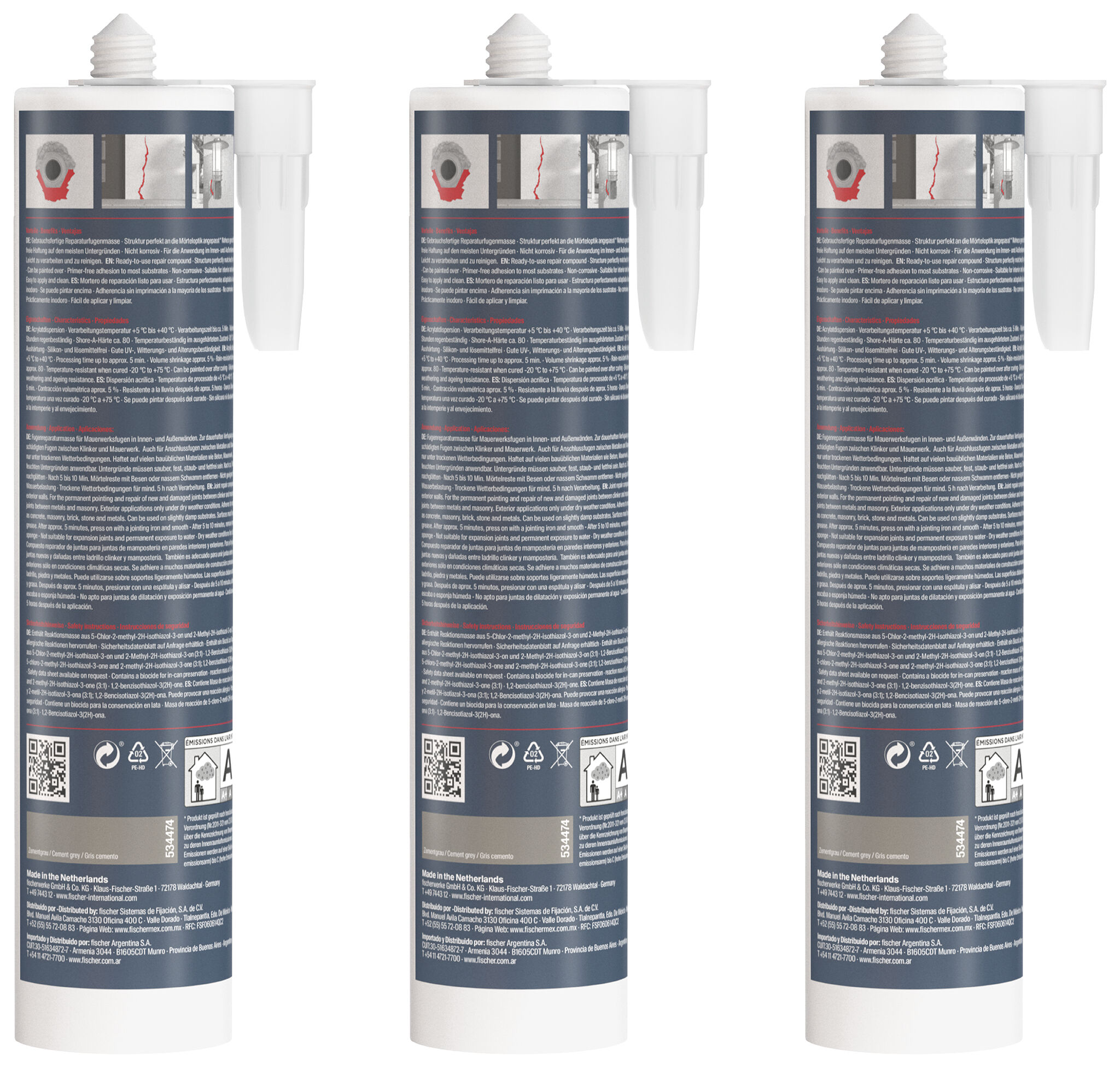 Verpackung: "fischer Fugenreparaturmörtel Repair AC (DEC) zementgrau 310 ml, Dreierset"