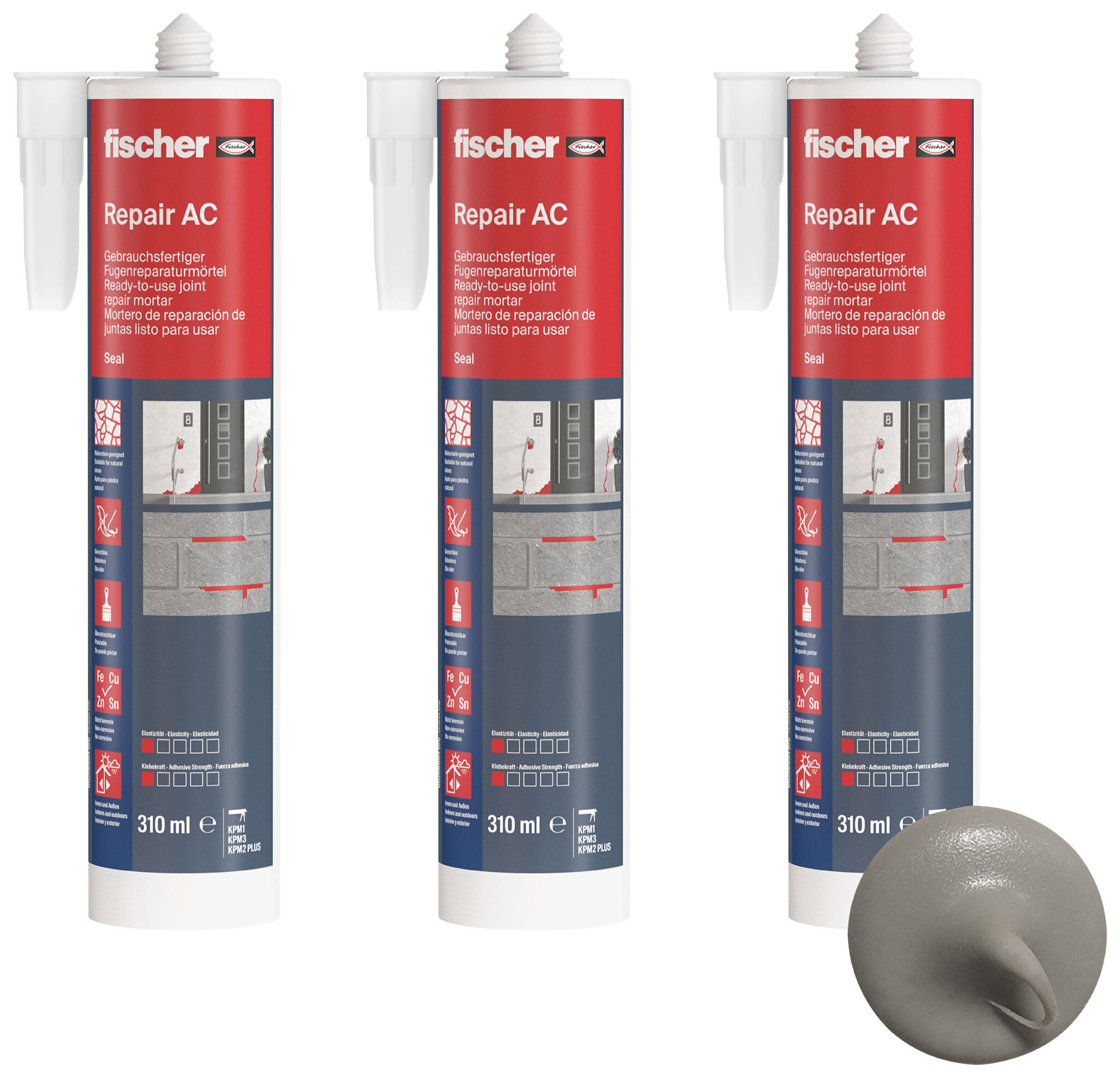 Produktbild: "fischer Fugenreparaturmörtel Repair AC (DEC) zementgrau 310 ml, Dreierset"