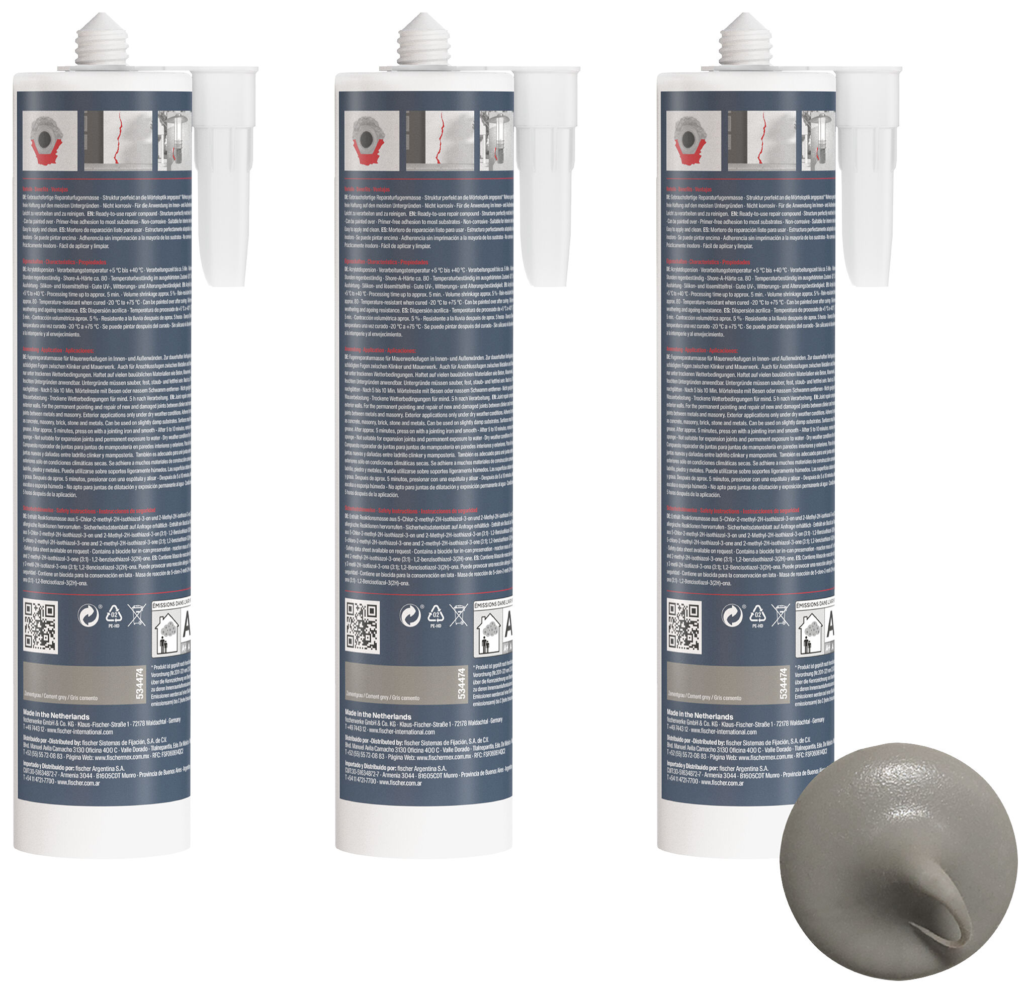 Produktbild: "fischer Fugenreparaturmörtel Repair AC (DEC) zementgrau 310 ml, Dreierset"