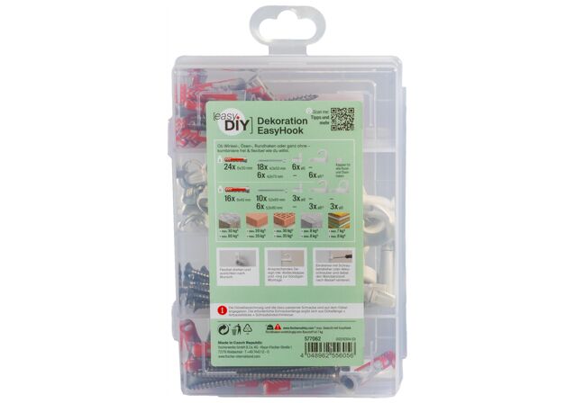 Verpackung: "fischer EasyDIY Box Dekoration EasyHook + Schraube (113 Teile)"