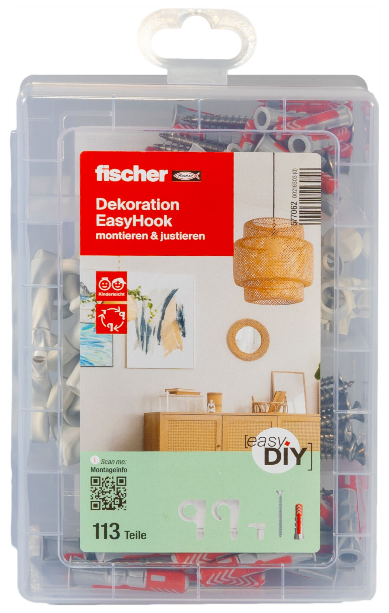 Verpackung: "fischer EasyDIY Box Dekoration EasyHook + Schraube (113 Teile)"