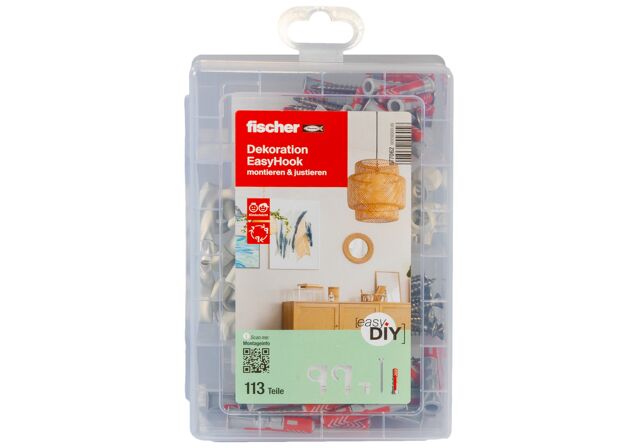 Verpackung: "fischer EasyDIY Box Dekoration EasyHook + Schraube (113 Teile)"