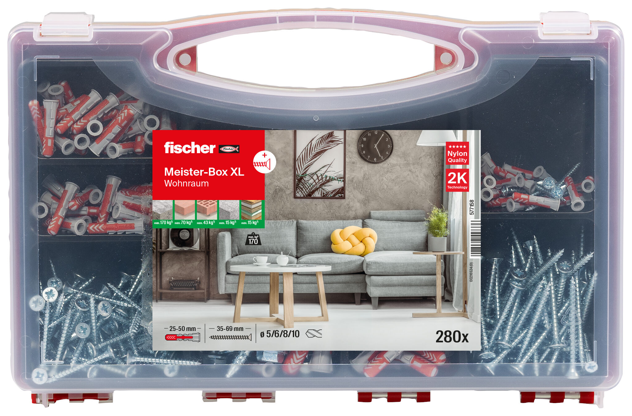Verpackung: "fischer Meister-Box XL Wohnraum + Schrauben (280 Teile)"