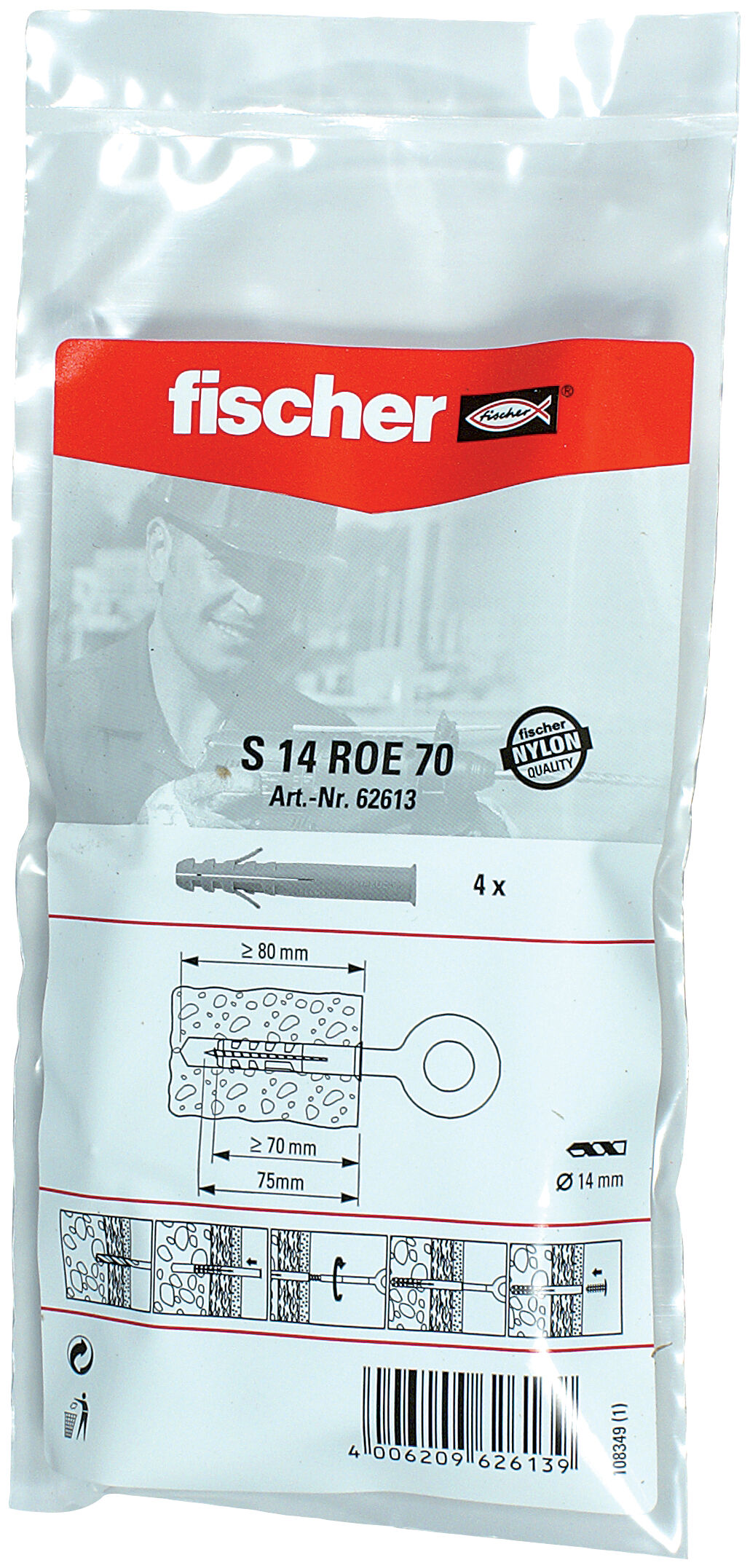 Packaging: "fischer plug S 14 ROE 100 B bag"