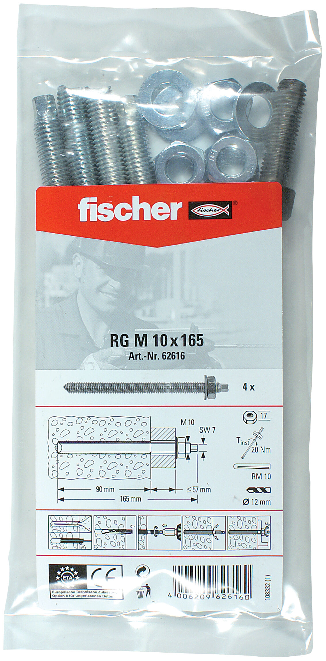 Verpackung: "fischer Ankerstange RG M10 x 165 B Beutel"