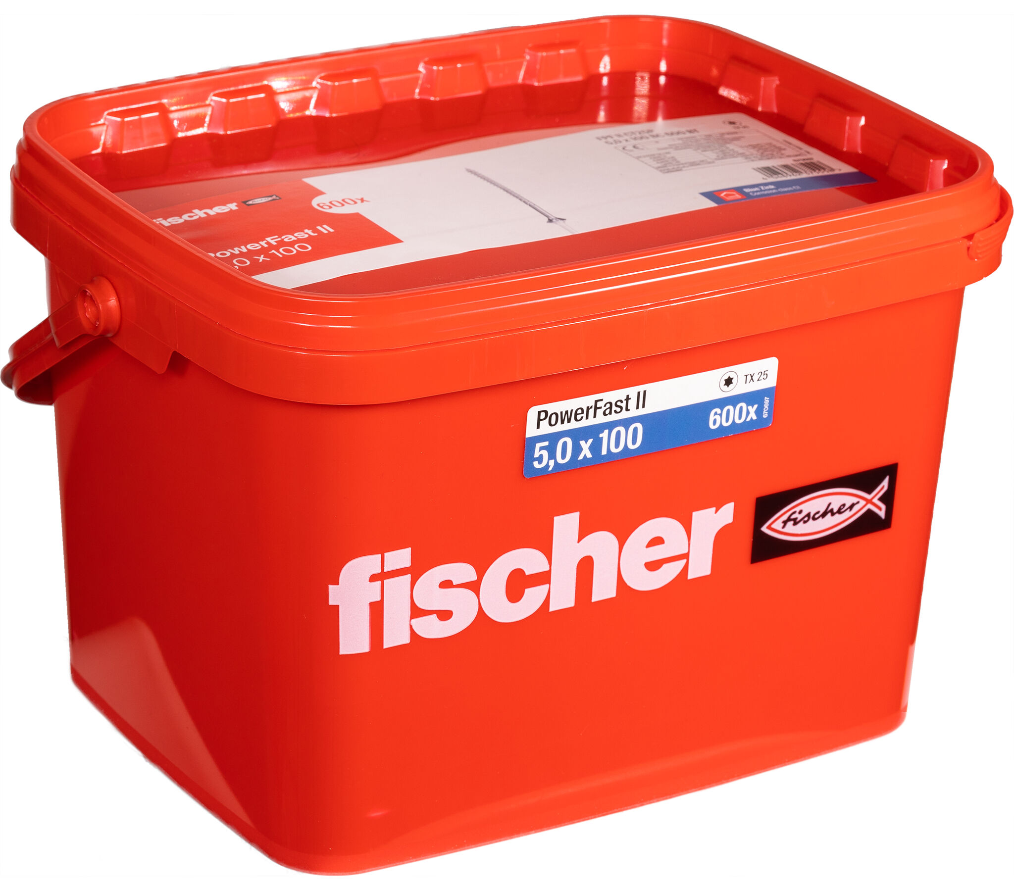 Product Picture: "fischer PowerFast FPF II CT25P 5.0 x 100 BC 600 in bucket countersunk head TX star recess partial thread blue zinc plated"