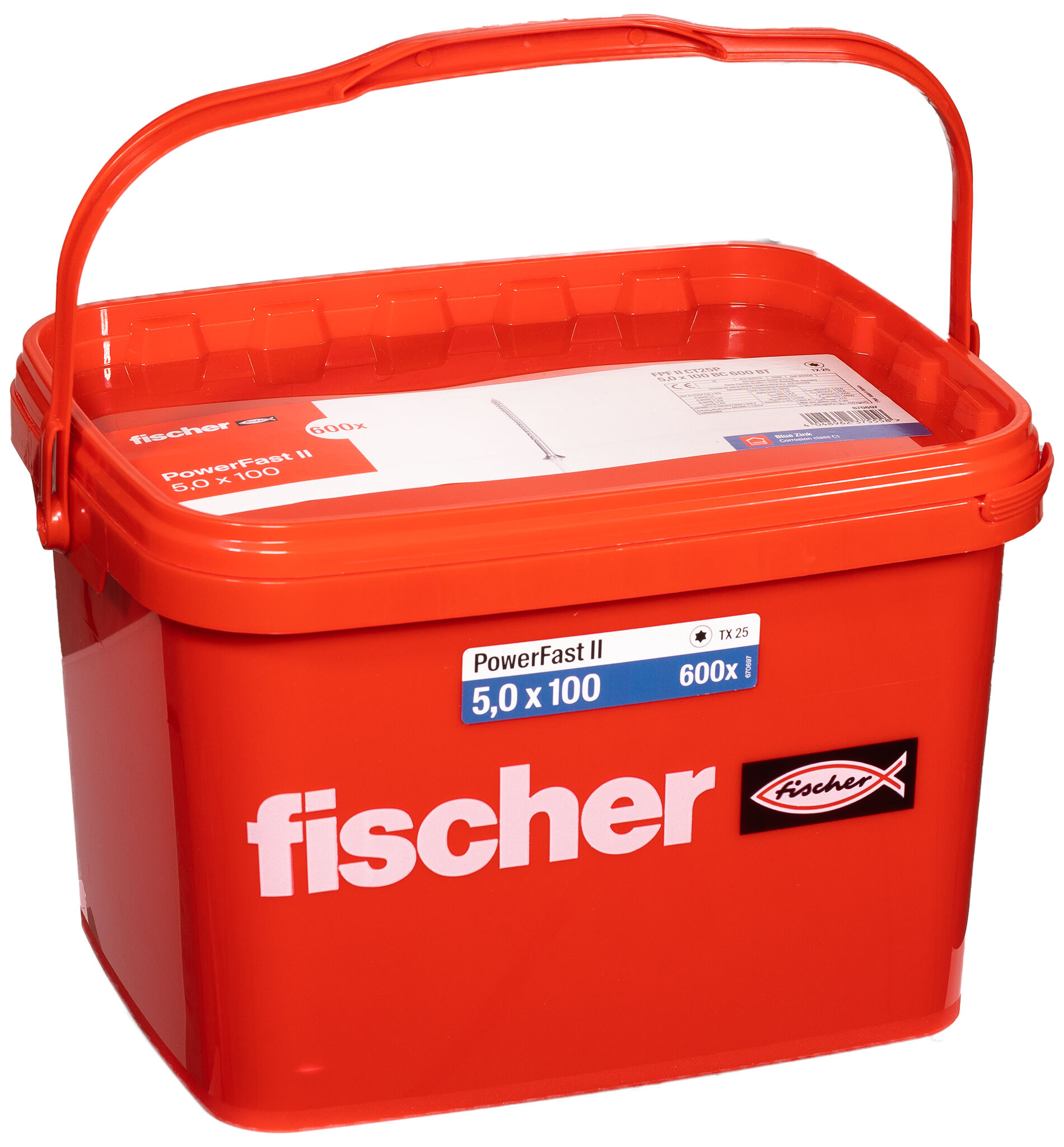 Product Picture: "fischer PowerFast FPF II CT25P 5.0 x 100 BC 600 in bucket countersunk head TX star recess partial thread blue zinc plated"