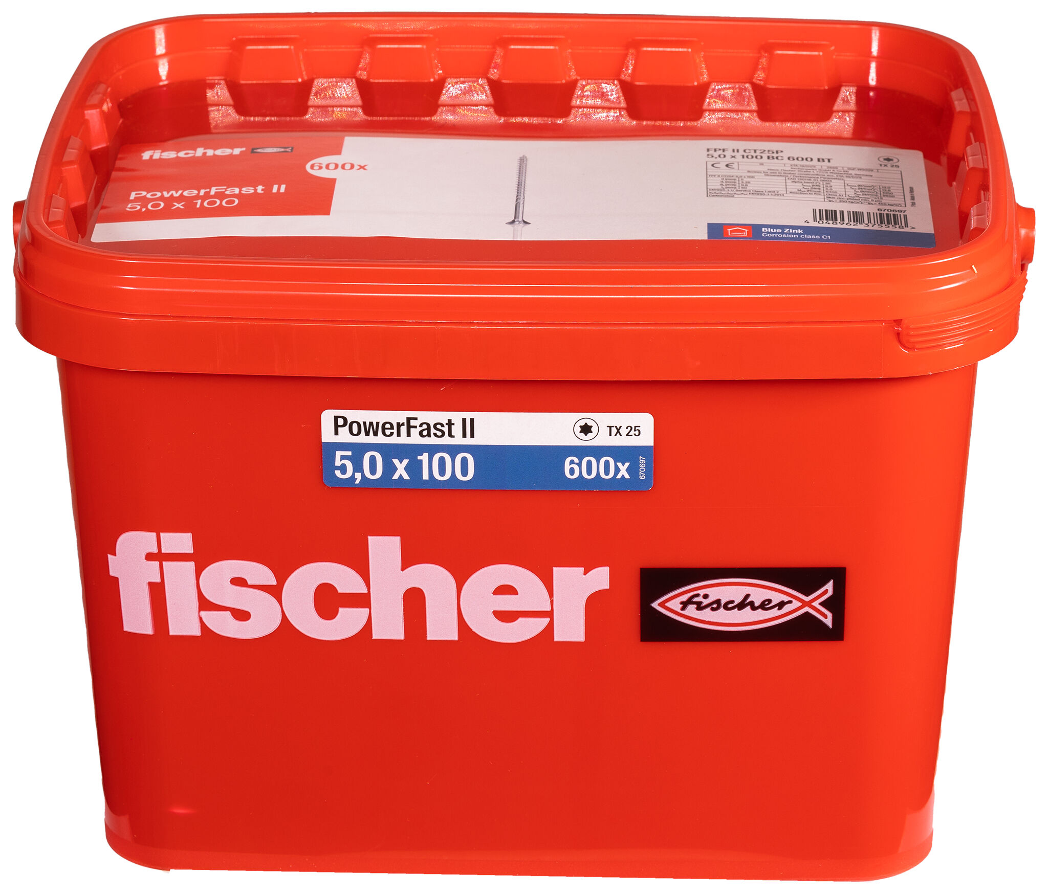 Product Picture: "fischer PowerFast FPF II CT25P 5.0 x 100 BC 600 in bucket countersunk head TX star recess partial thread blue zinc plated"