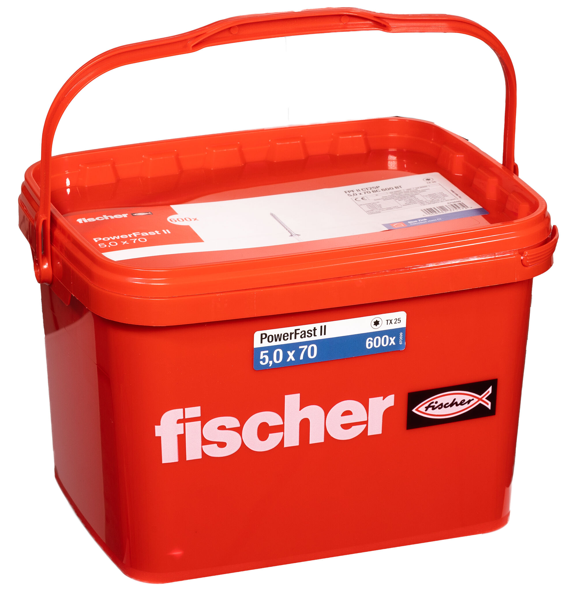 Product Picture: "fischer PowerFast FPF II CT25P 5.0 x 70 BC 600 in bucket countersunk head TX star recess partial thread blue zinc plated"