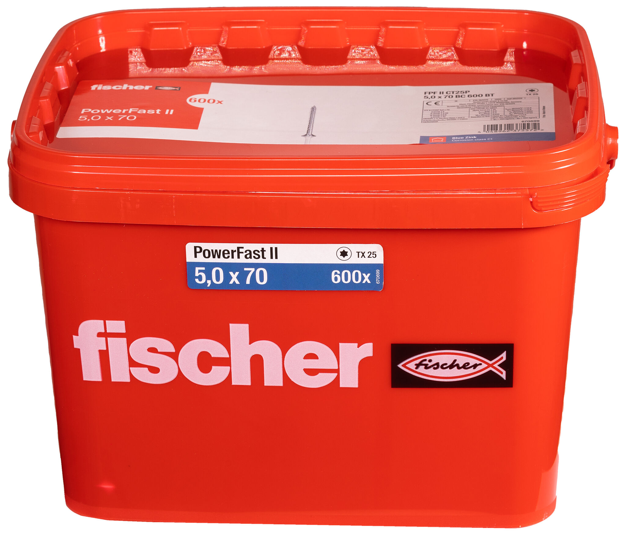 Product Picture: "fischer PowerFast FPF II CT25P 5.0 x 70 BC 600 in bucket countersunk head TX star recess partial thread blue zinc plated"