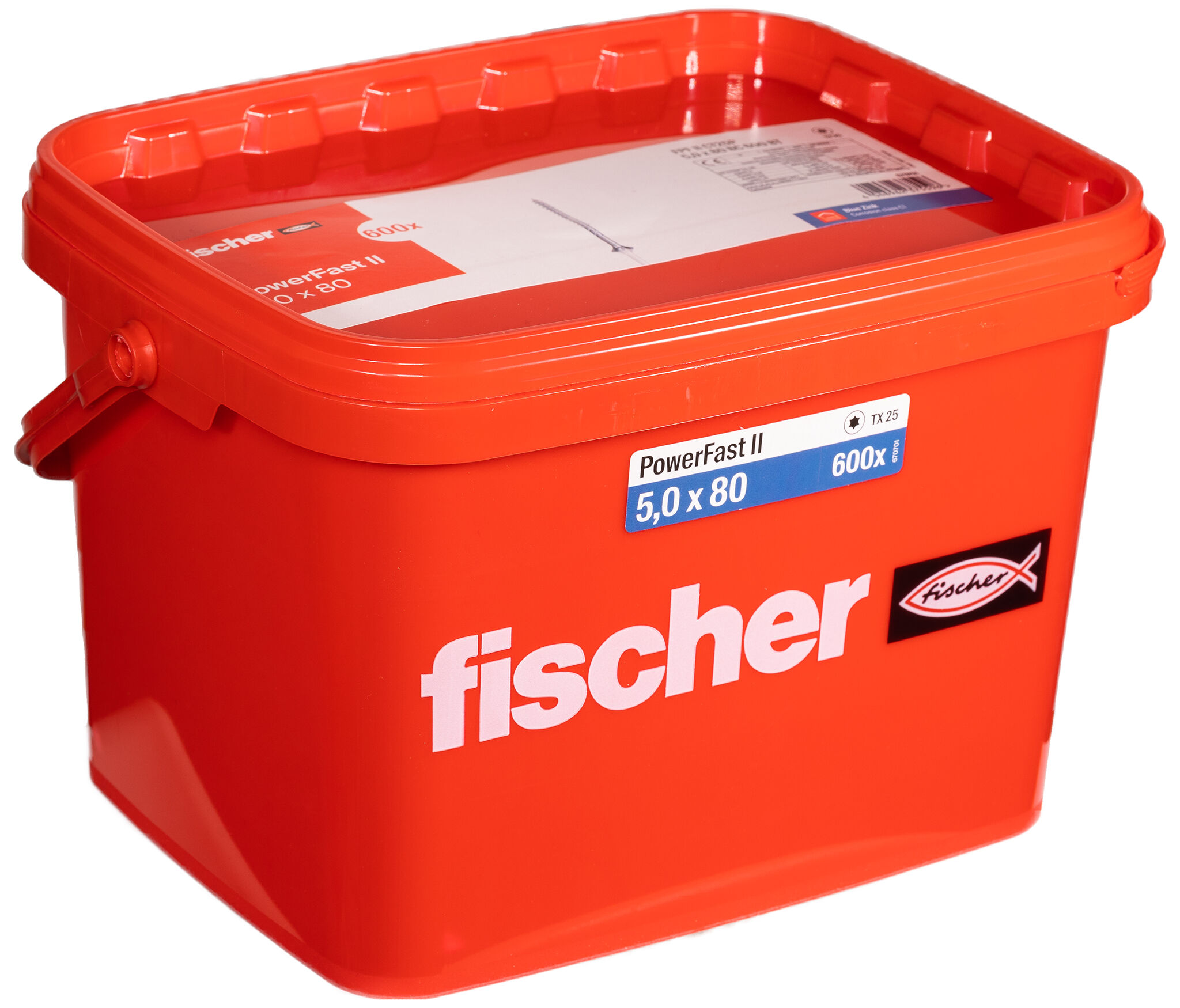 Product Picture: "fischer PowerFast FPF II CT25P 5.0 x 80 BC 600 in bucket countersunk head TX star recess partial thread blue zinc plated"