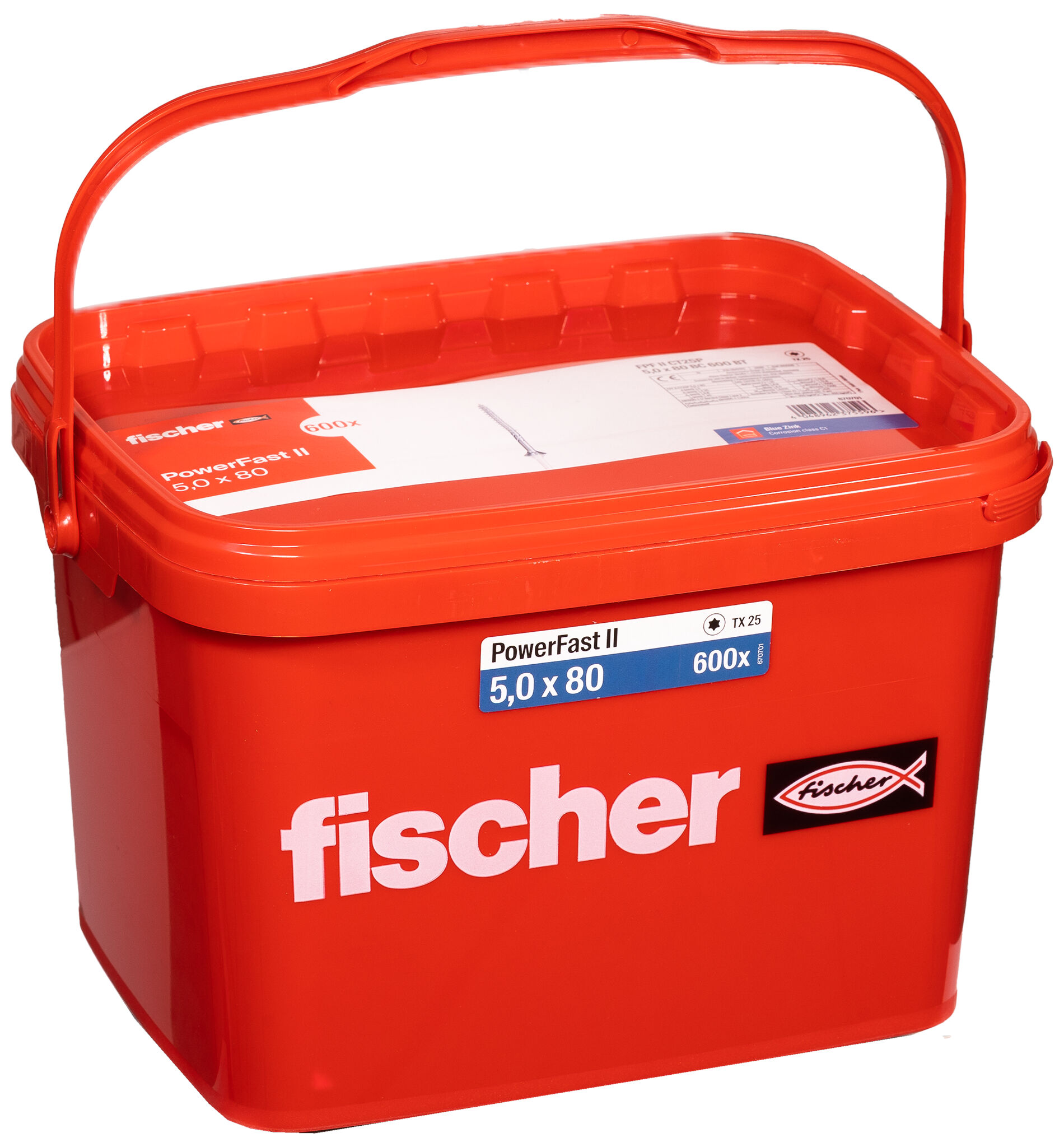 Product Picture: "fischer PowerFast FPF II CT25P 5.0 x 80 BC 600 in bucket countersunk head TX star recess partial thread blue zinc plated"