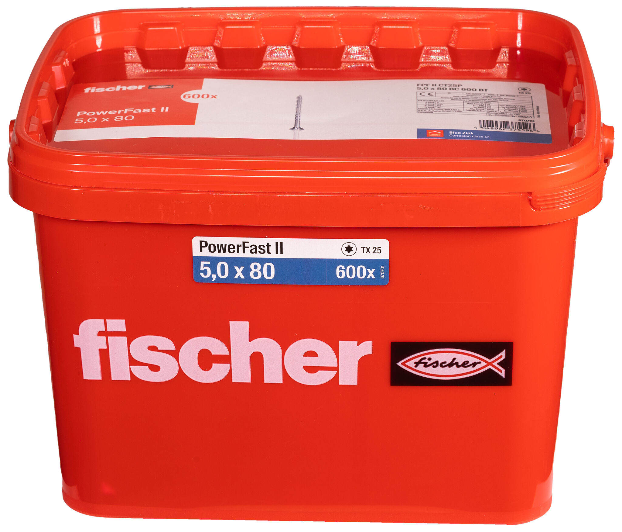 Product Picture: "fischer PowerFast FPF II CT25P 5.0 x 80 BC 600 in bucket countersunk head TX star recess partial thread blue zinc plated"