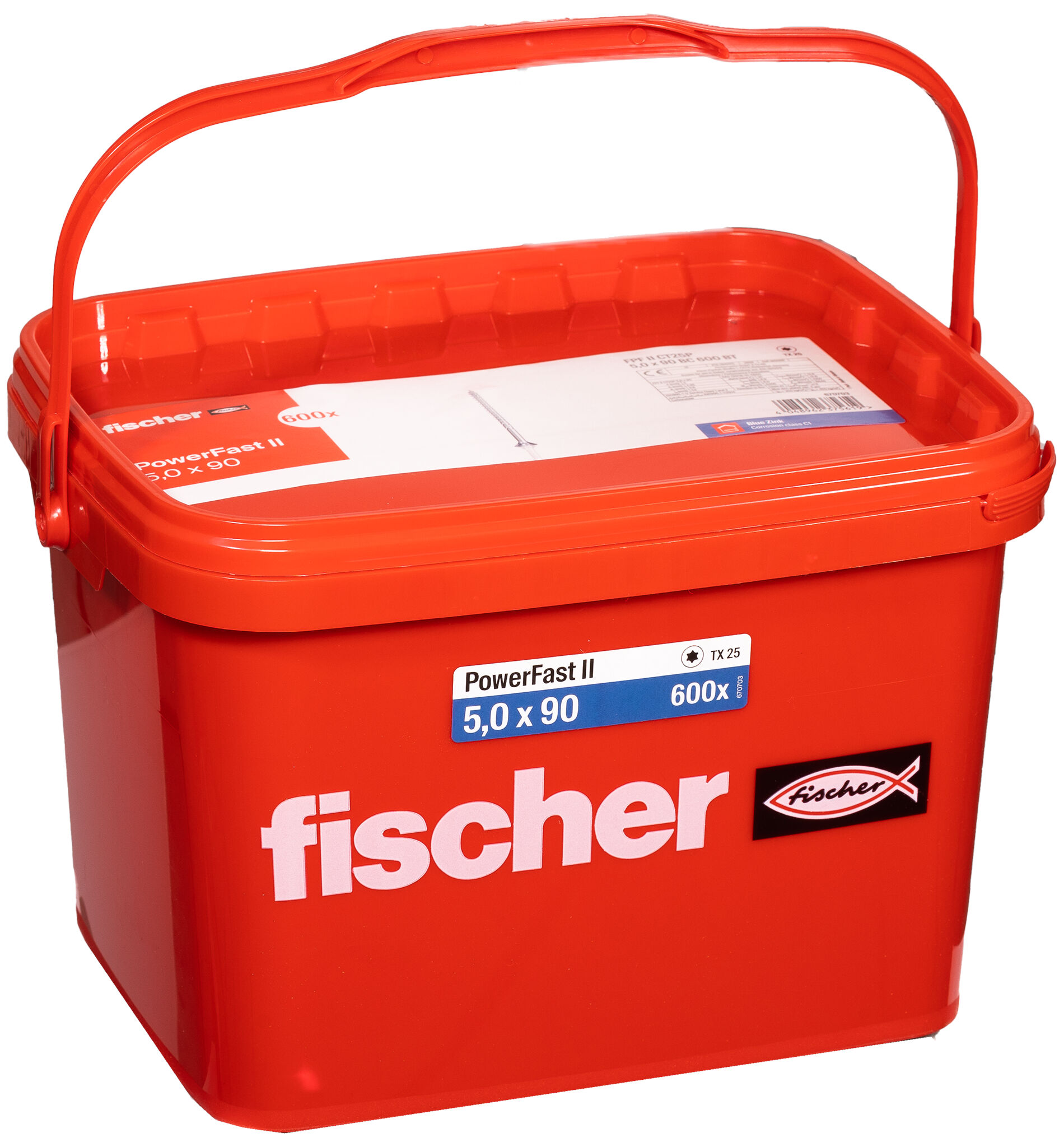 Product Picture: "fischer PowerFast FPF II CT25P 5.0 x 90 BC 600 in bucket countersunk head TX star recess partial thread blue zinc plated"