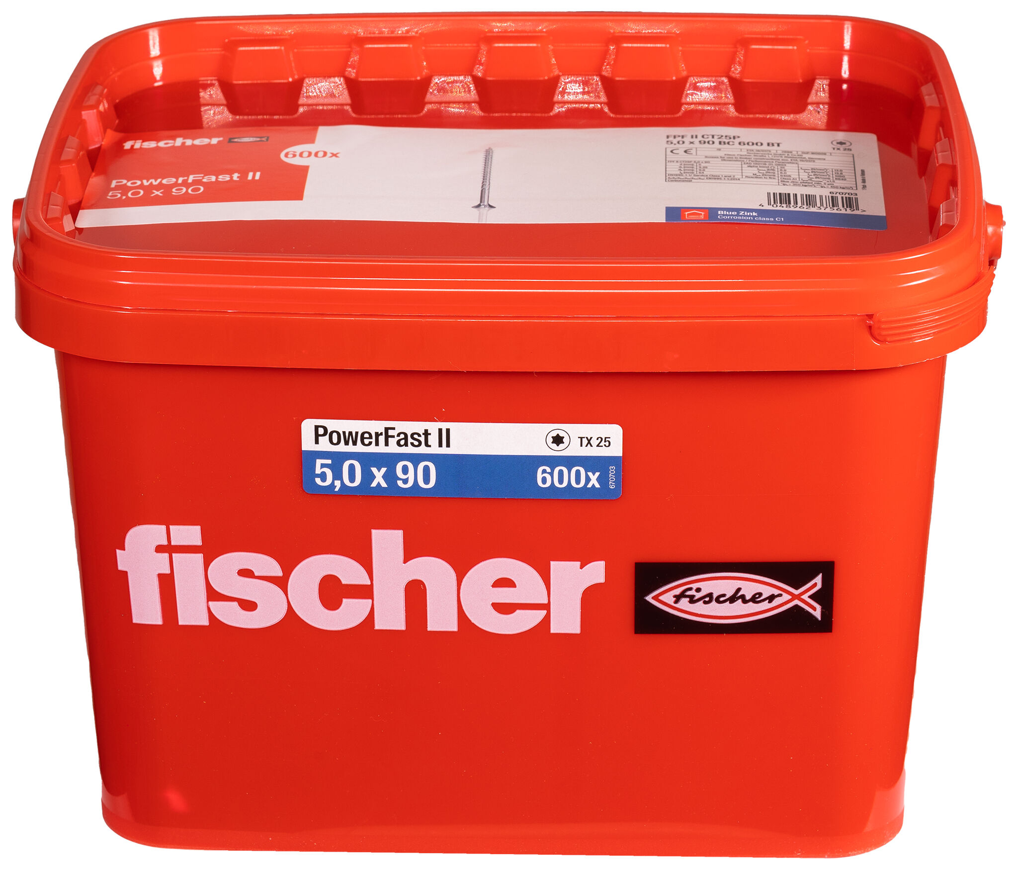 Product Picture: "fischer PowerFast FPF II CT25P 5.0 x 90 BC 600 in bucket countersunk head TX star recess partial thread blue zinc plated"